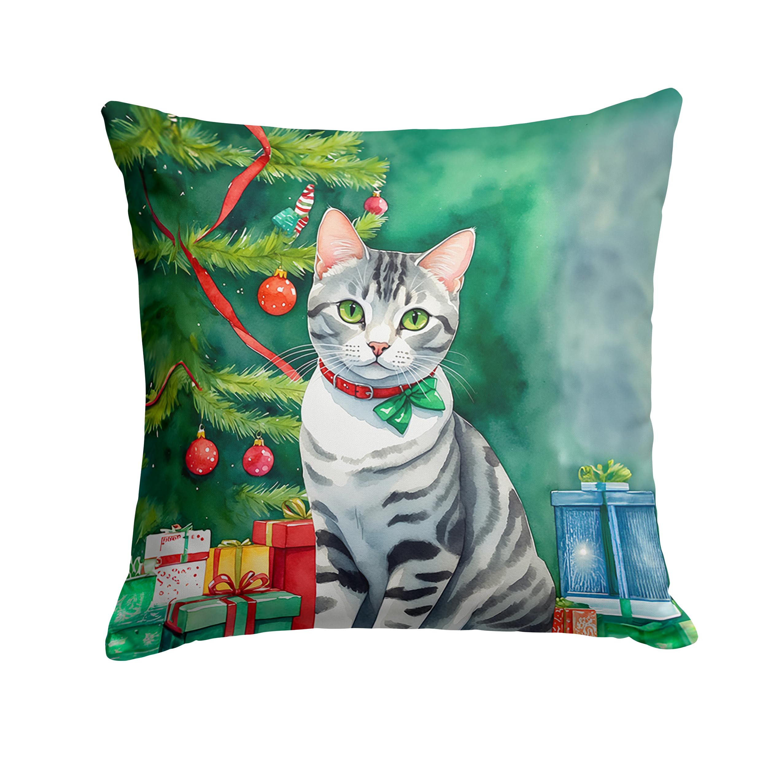 Carolines Treasures American Shorthair Cat by The Christmas Tree Throw Pillow Machine Washable, Indoor Outdoor Decorative Pillow for Couch, Bed or Patio, 18Hx18W