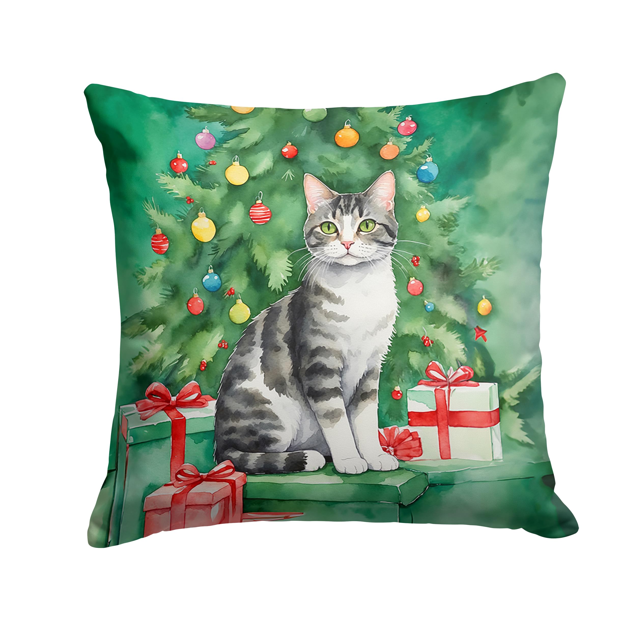 Carolines Treasures American Wirehair Cat by The Christmas Tree Throw Pillow Machine Washable, Indoor Outdoor Decorative Pillow for Couch, Bed or Patio, 18Hx18W