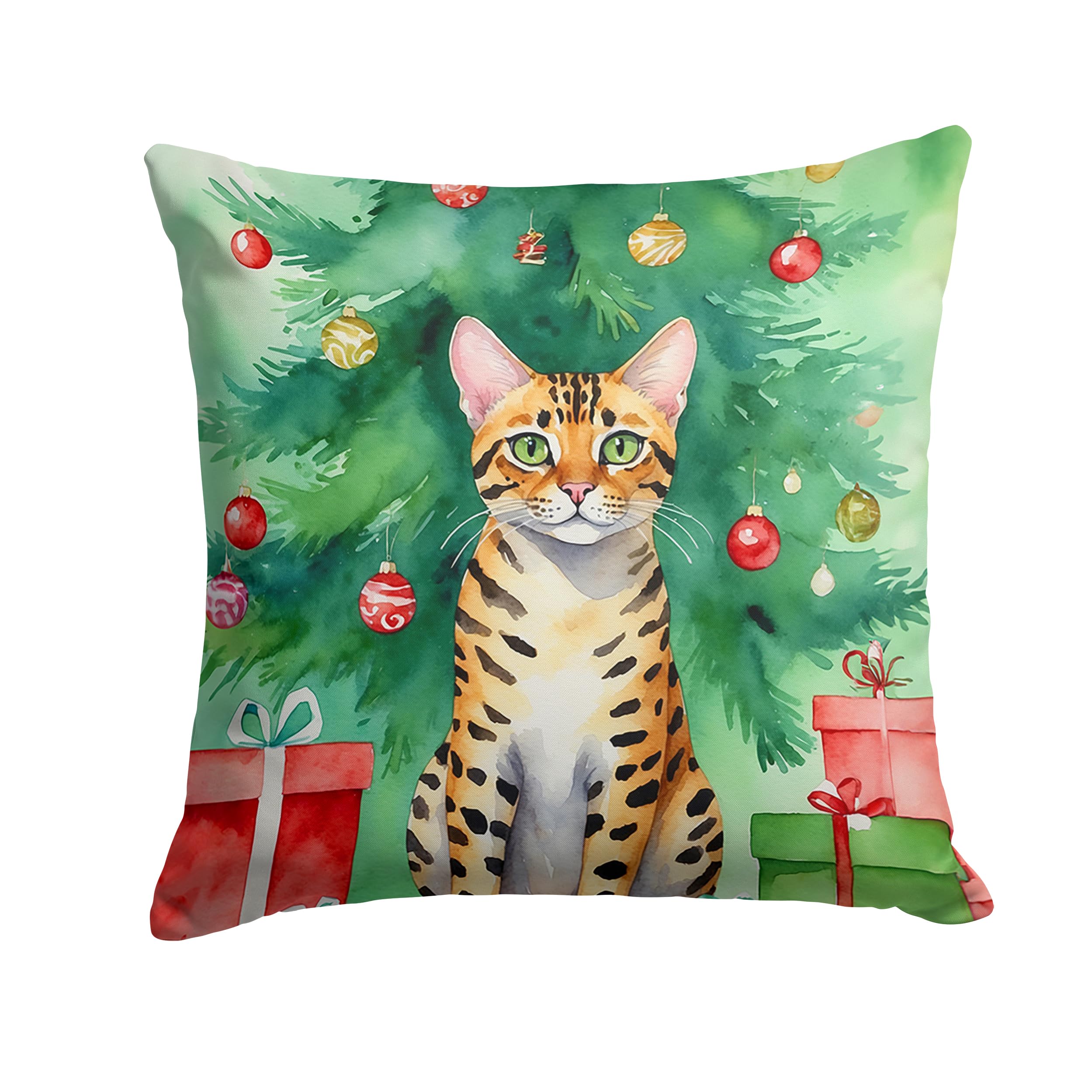 Carolines Treasures Bengal Cat by The Christmas Tree Throw Pillow Machine Washable, Indoor Outdoor Decorative Pillow for Couch, Bed or Patio, 18Hx18W