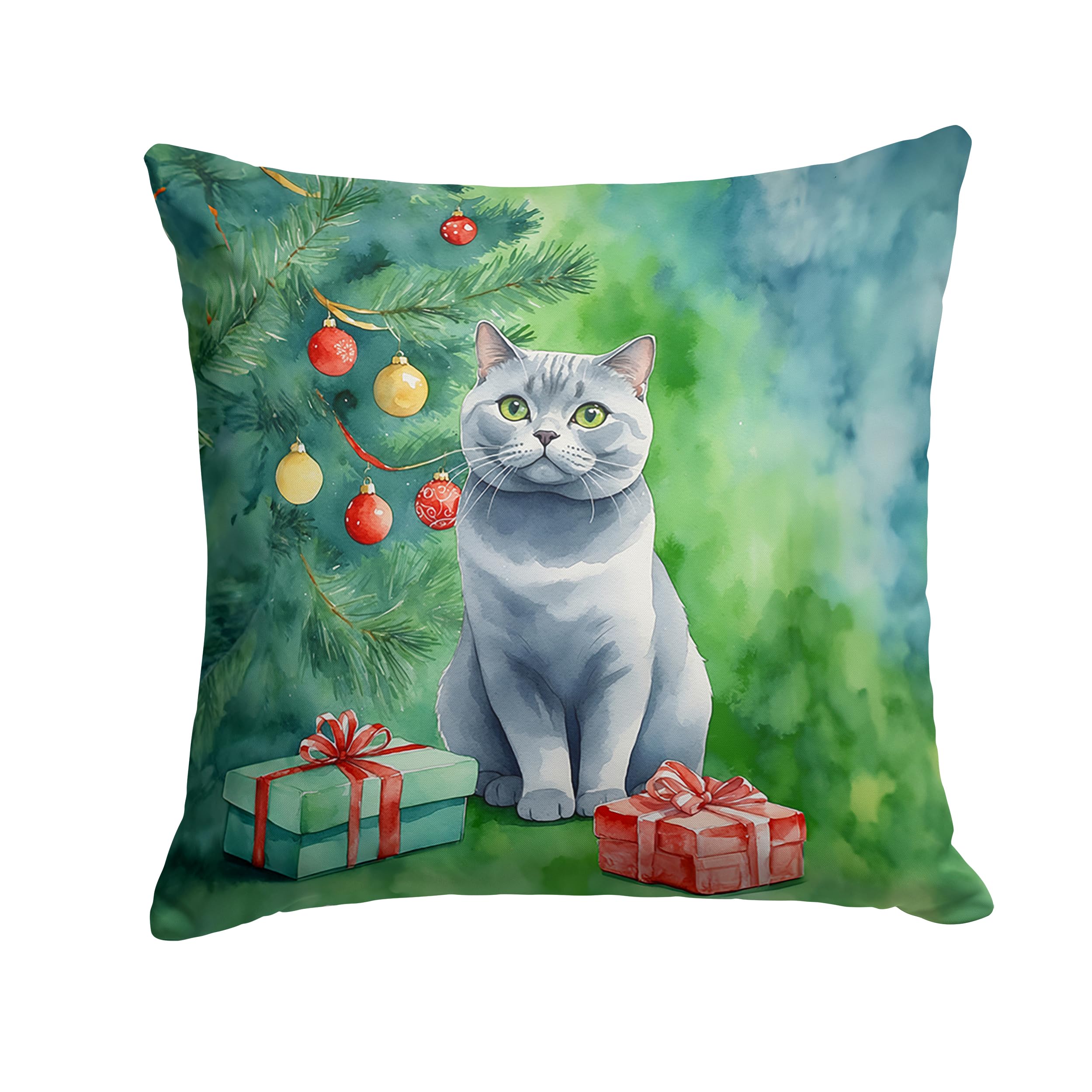 Carolines Treasures British Shorthair Cat by The Christmas Tree Throw Pillow Machine Washable, Indoor Outdoor Decorative Pillow for Couch, Bed or Patio, 18Hx18W