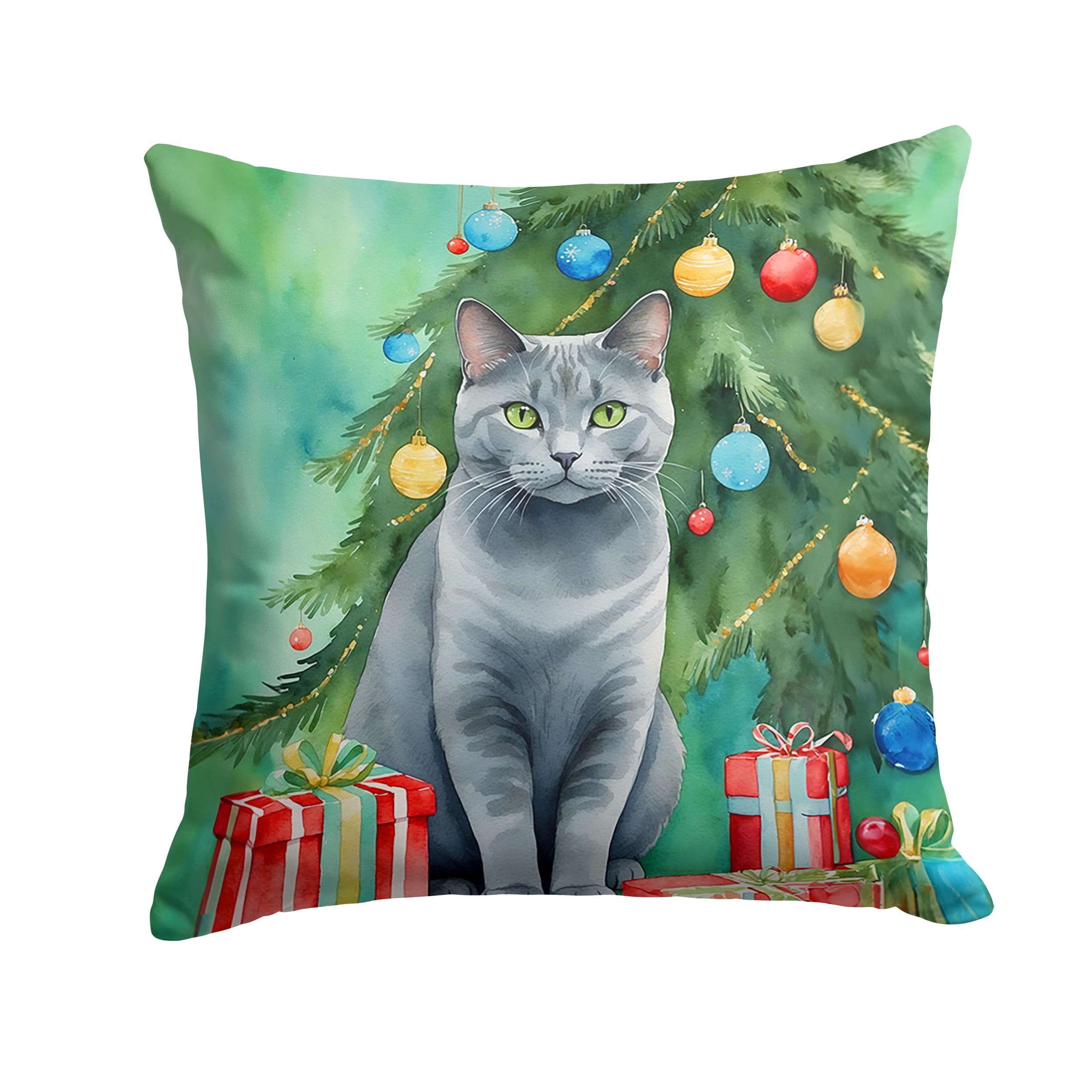 Carolines Treasures Chartreux Cat by The Christmas Tree Throw Pillow Machine Washable, Indoor Outdoor Decorative Pillow for Couch, Bed or Patio, 18Hx18W