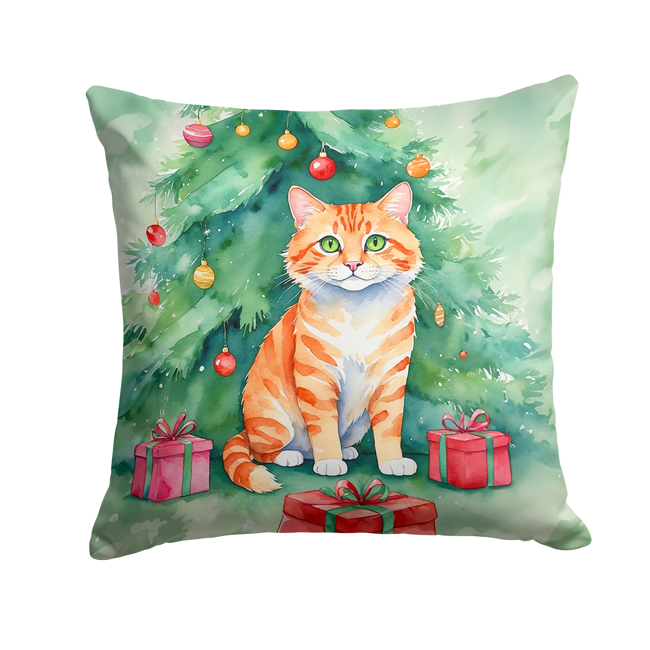 Carolines Treasures Cheetoh Cat by The Christmas Tree Throw Pillow Machine Washable, Indoor Outdoor Decorative Pillow for Couch, Bed or Patio, 18Hx18W