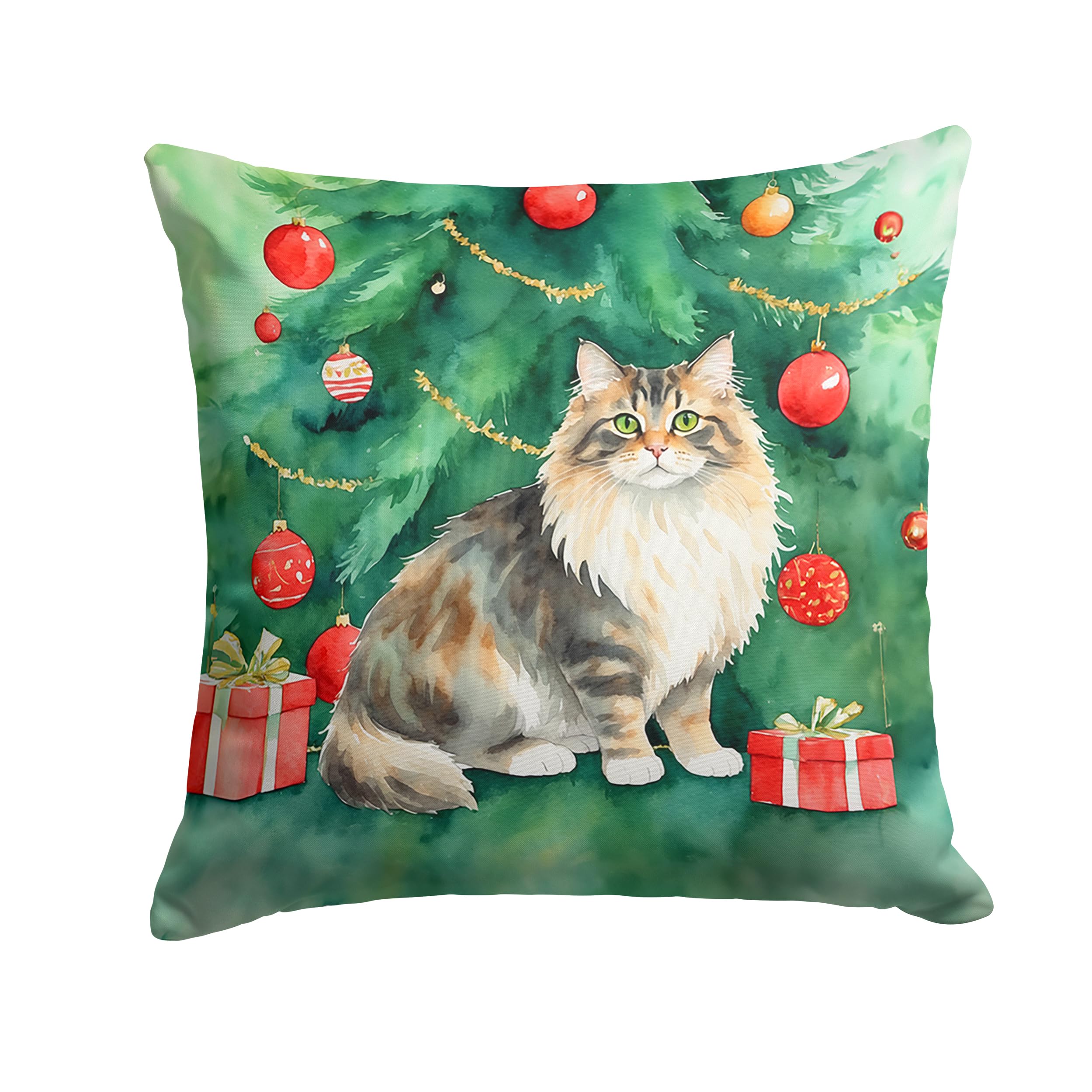 Carolines Treasures Cymric Cat by The Christmas Tree Throw Pillow Machine Washable, Indoor Outdoor Decorative Pillow for Couch, Bed or Patio, 18Hx18W