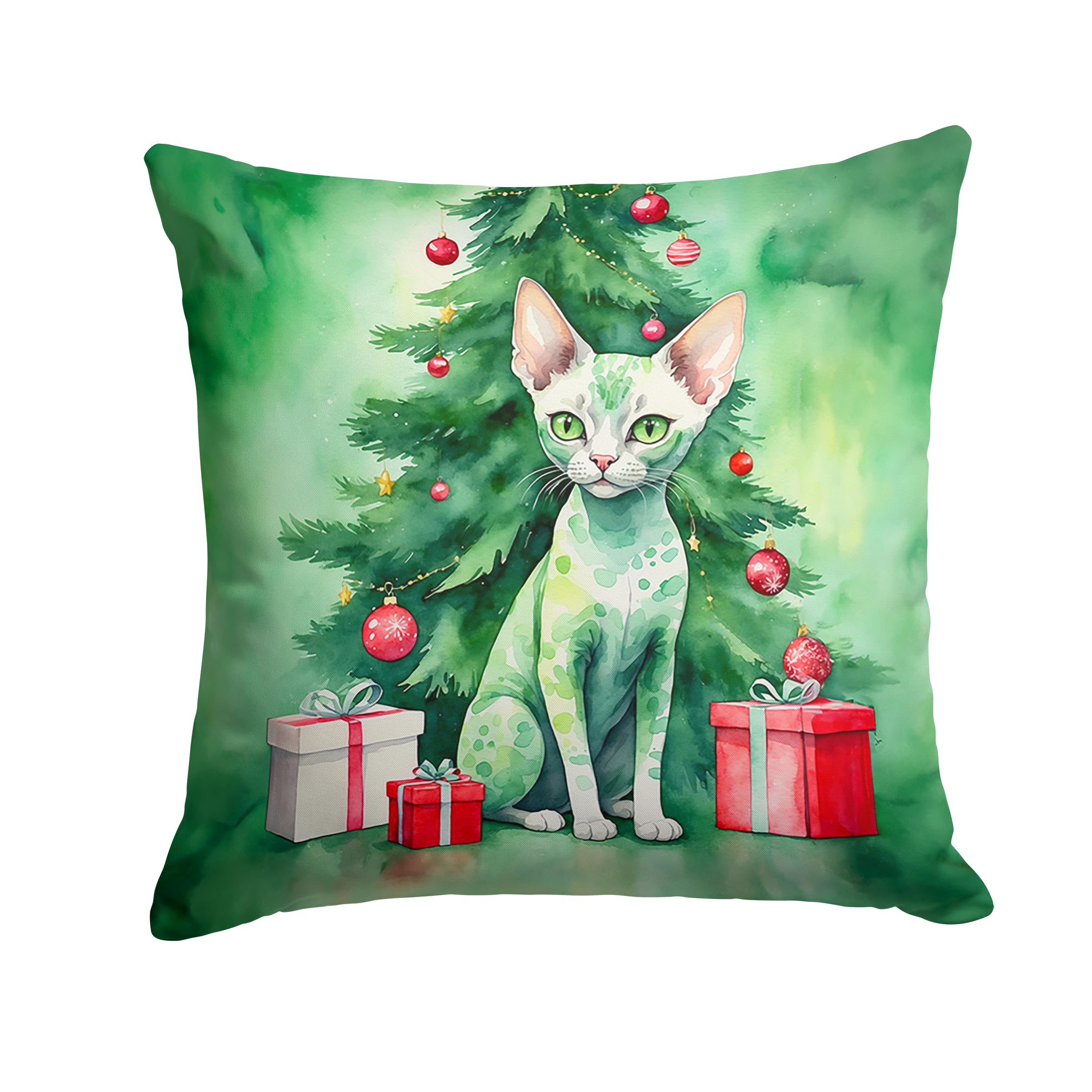 Carolines Treasures Devon Rex Cat by The Christmas Tree Throw Pillow Machine Washable, Indoor Outdoor Decorative Pillow for Couch, Bed or Patio, 18Hx18W
