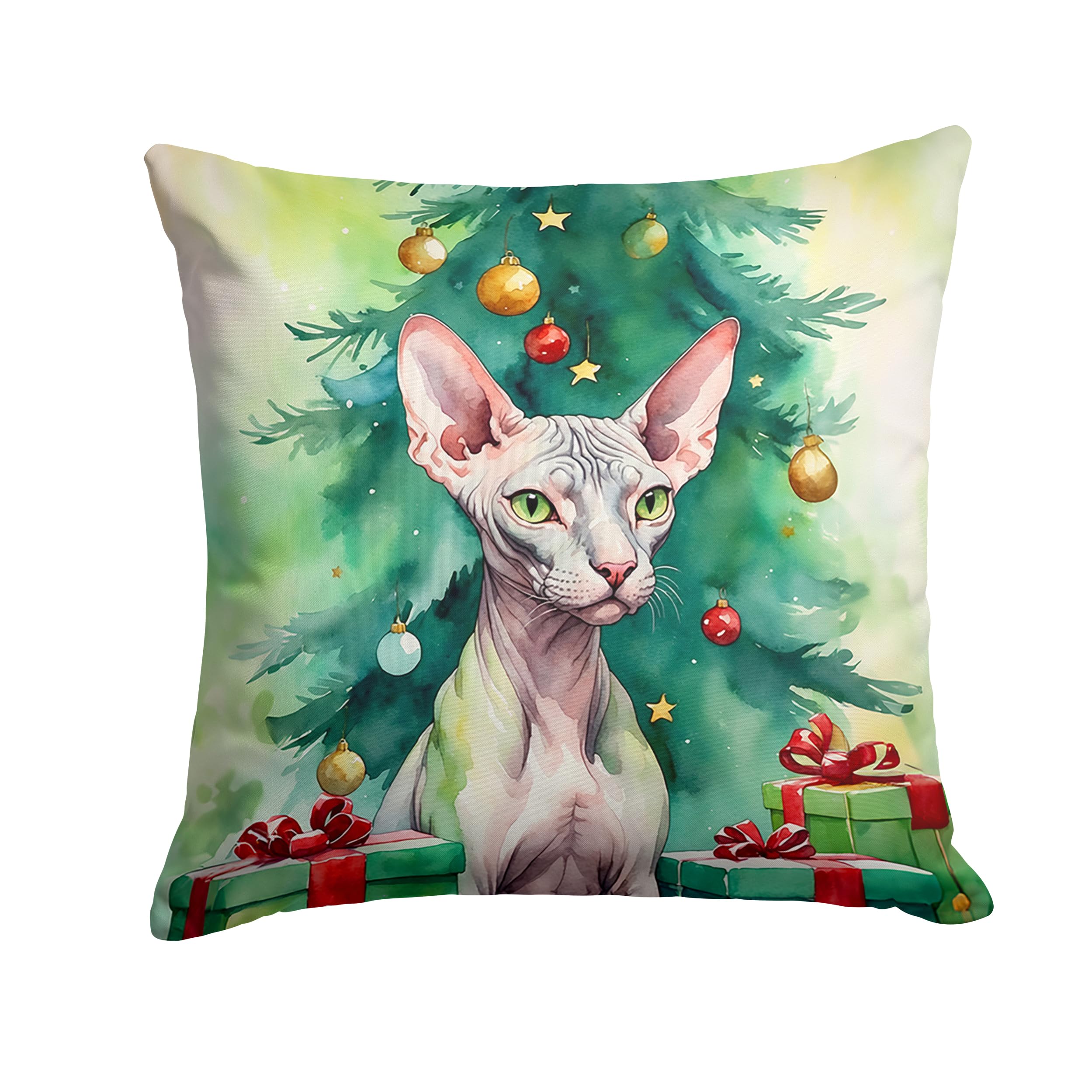 Carolines Treasures Donskoy Don Sphynx Cat by The Christmas Tree Throw Pillow Machine Washable, Indoor Outdoor Decorative Pillow for Couch, Bed or Patio, 18Hx18W