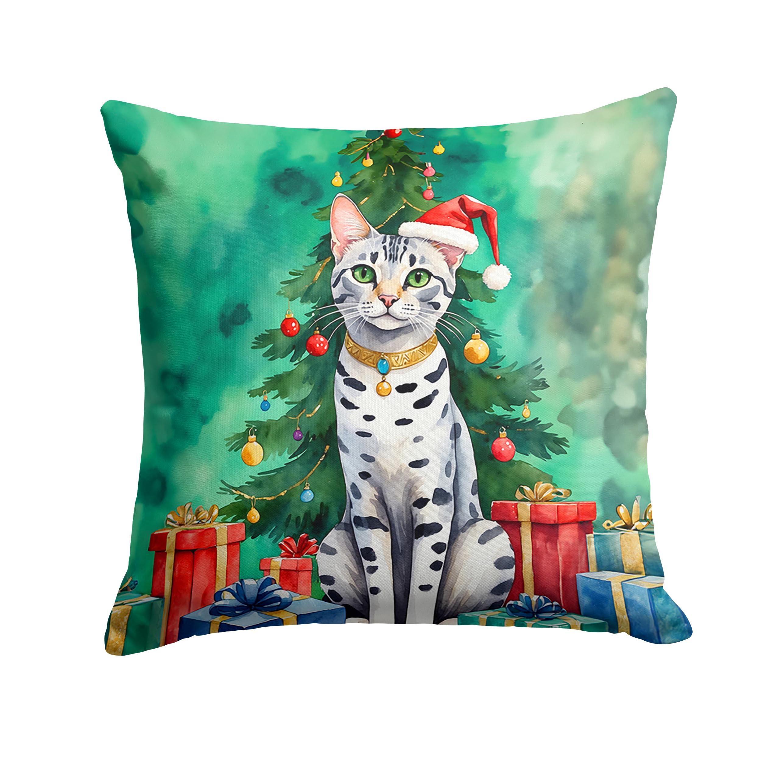 Carolines Treasures Egyptian Mau Cat by The Christmas Tree Throw Pillow Machine Washable, Indoor Outdoor Decorative Pillow for Couch, Bed or Patio, 18Hx18W