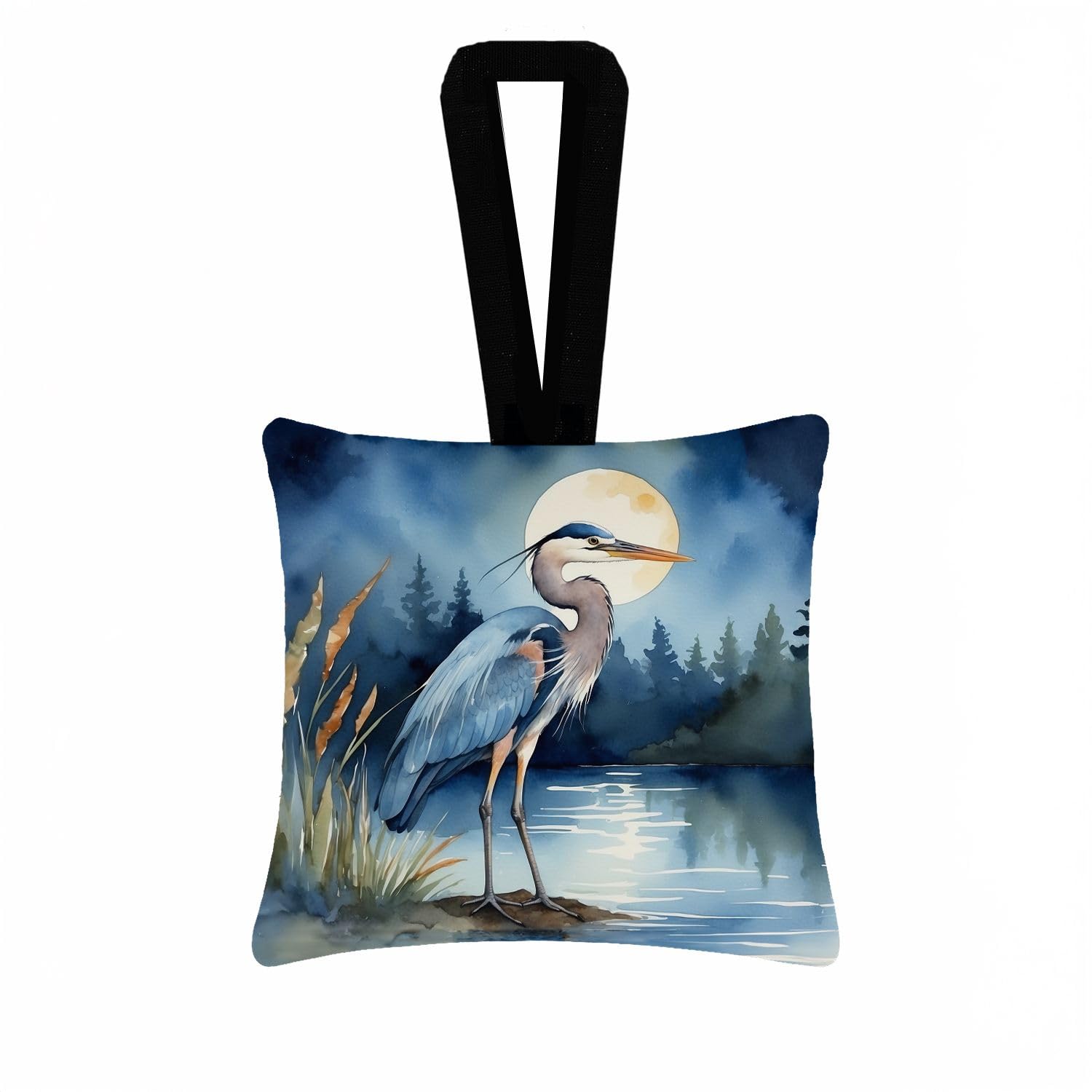 Carolines Treasures Blue Heron Under The Moonlight Hanging Square Fabric Ornament 3.5  3.5 Decorative Door-Knob & Tree Hanger, Soft Fabric