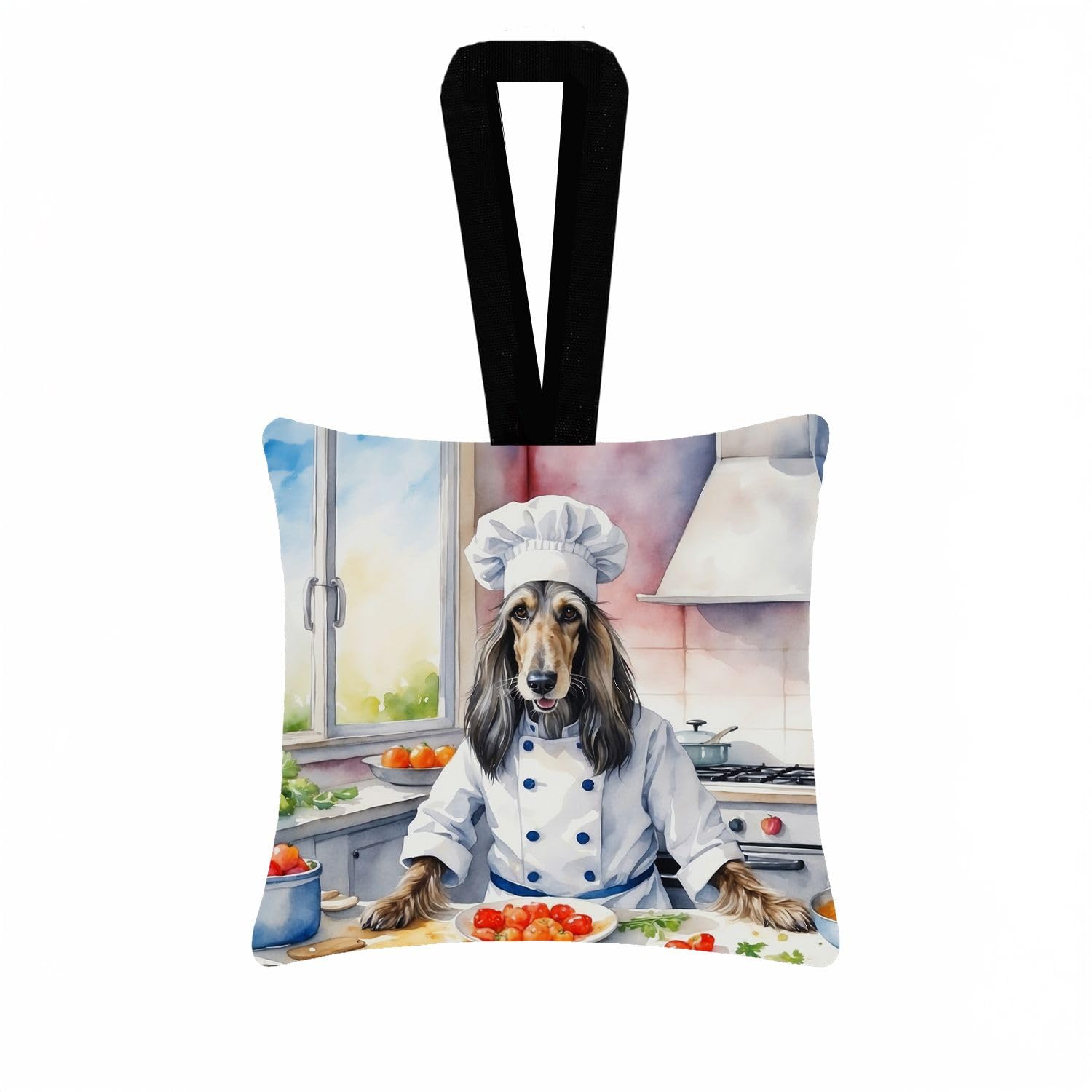 Carolines Treasures Afghan Hound The Chef Hanging Square Fabric Ornament 3.5  3.5 Decorative Door-Knob & Tree Hanger, Soft Fabric