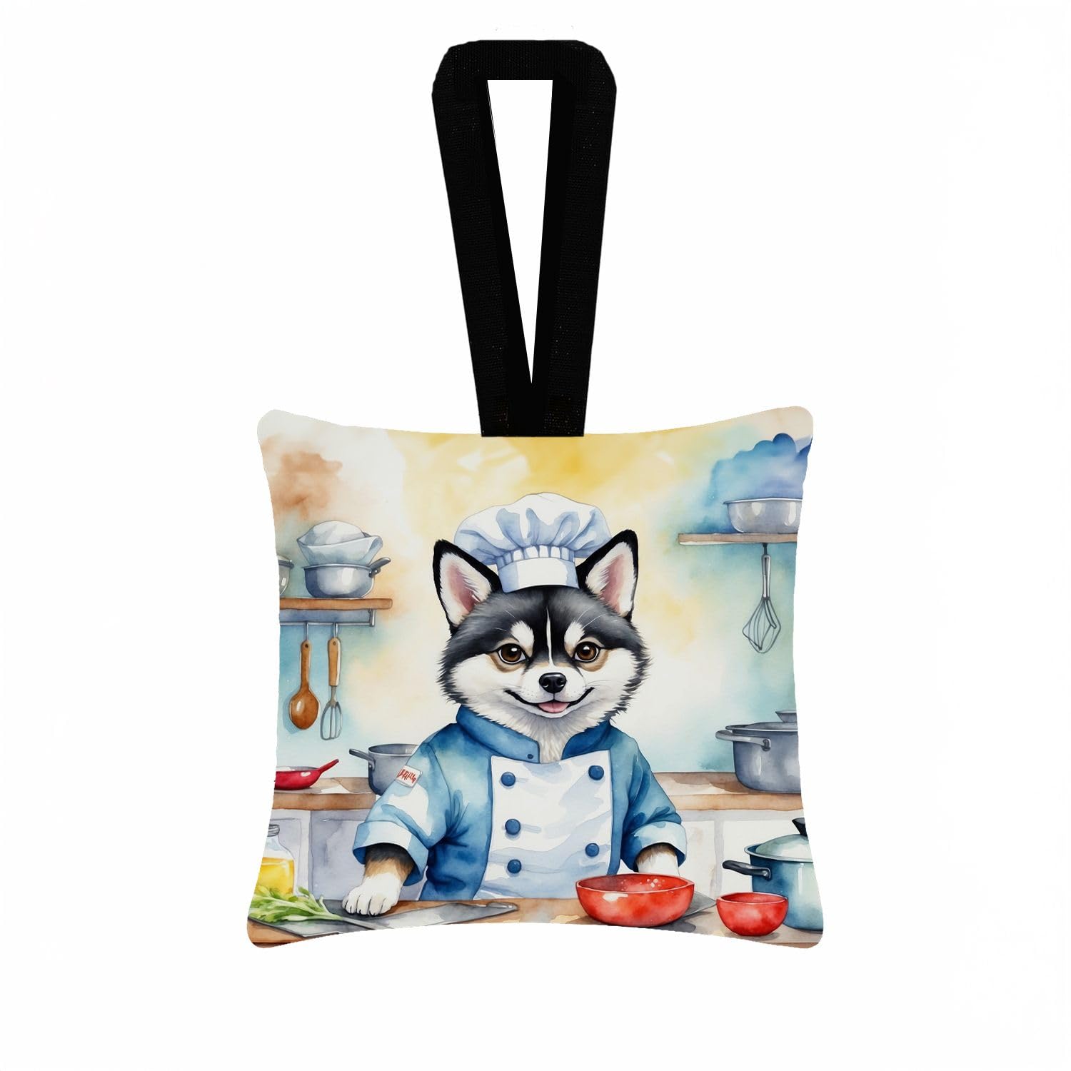 Carolines Treasures Alaskan Klee Kai The Chef Hanging Square Fabric Ornament 3.5  3.5 Decorative Door-Knob & Tree Hanger, Soft Fabric
