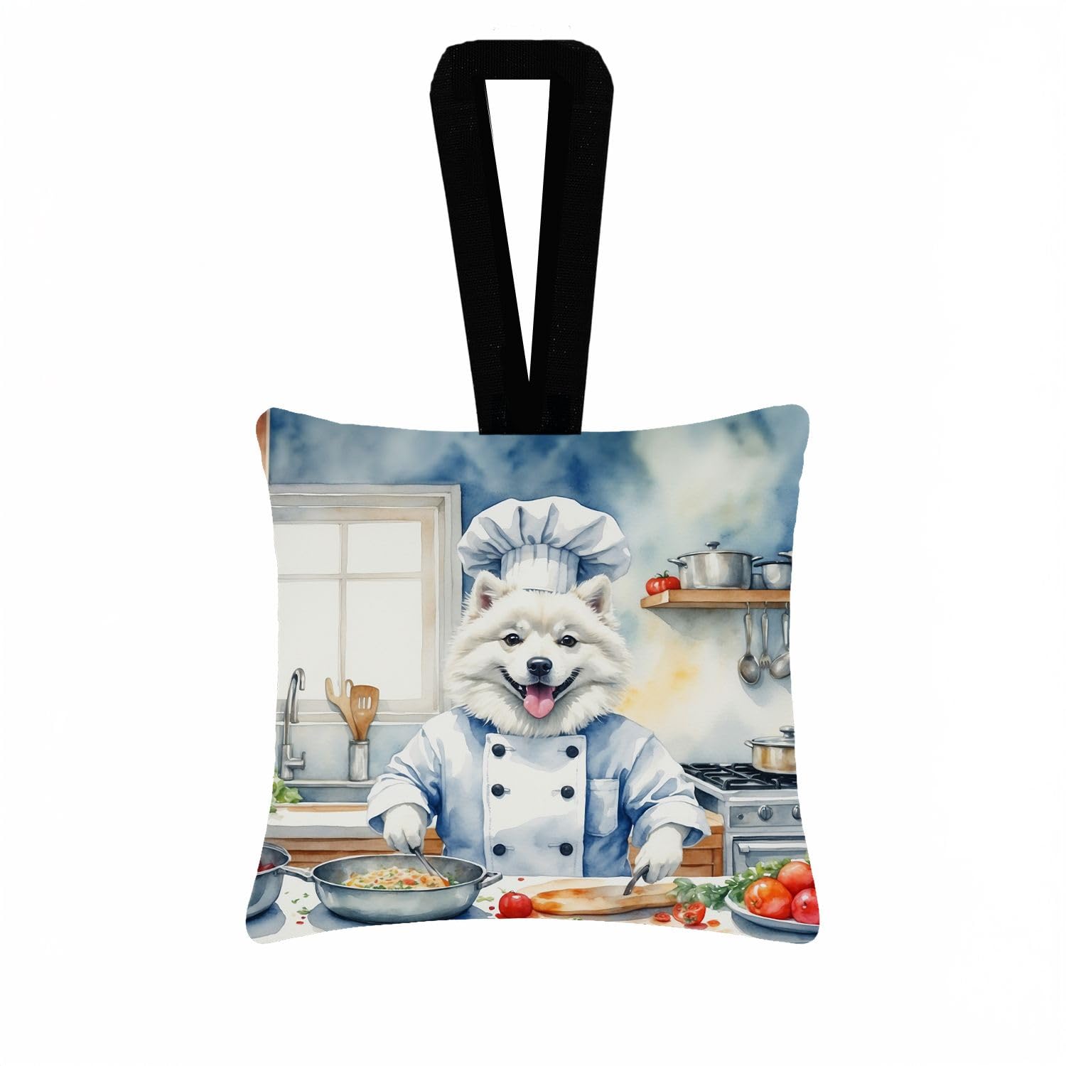 Carolines Treasures American Eskimo The Chef Hanging Square Fabric Ornament 3.5  3.5 Decorative Door-Knob & Tree Hanger, Soft Fabric