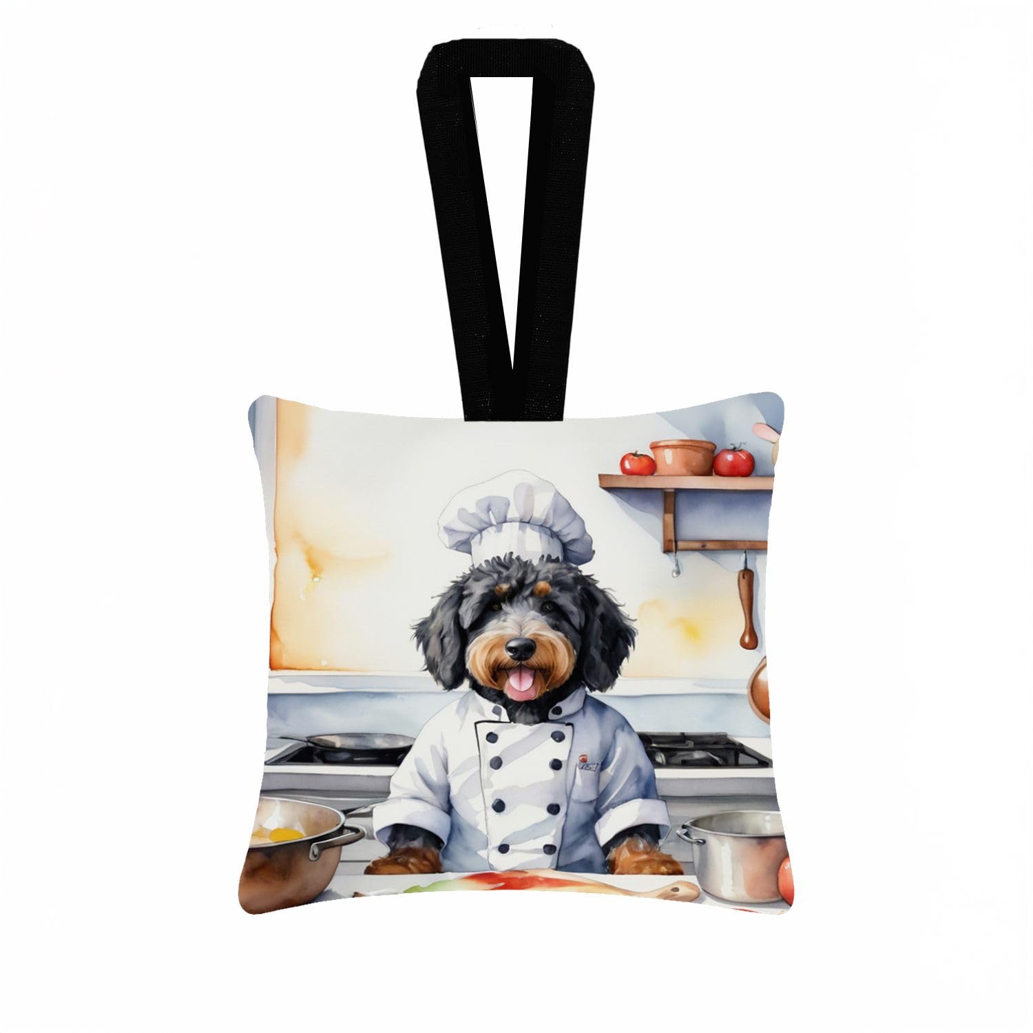 Carolines Treasures Bernedoodle The Chef Hanging Square Fabric Ornament 3.5  3.5 Decorative Door-Knob & Tree Hanger, Soft Fabric
