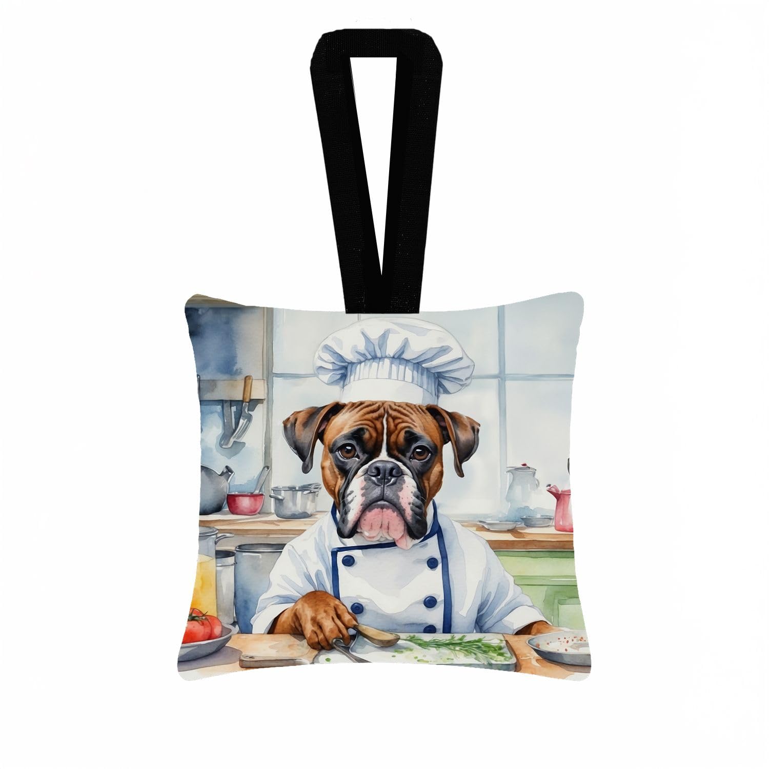 Carolines Treasures Boxer The Chef Hanging Square Fabric Ornament 3.5  3.5 Decorative Door-Knob & Tree Hanger, Soft Fabric