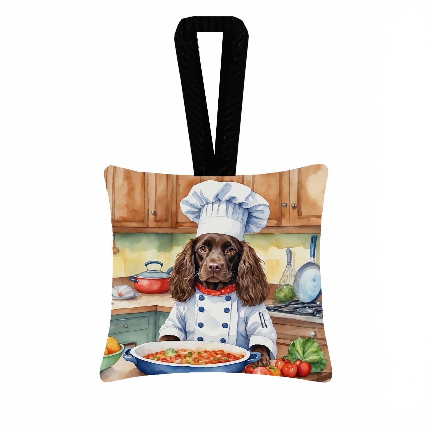 Carolines Treasures Boykin Spaniel The Chef Hanging Square Fabric Ornament 3.5  3.5 Decorative Door-Knob & Tree Hanger, Soft Fabric