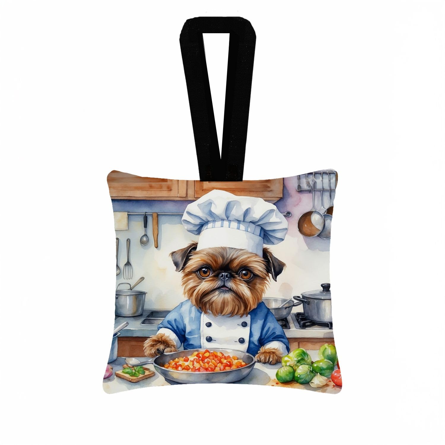 Carolines Treasures Brussels Griffon The Chef Hanging Square Fabric Ornament 3.5  3.5 Decorative Door-Knob & Tree Hanger, Soft Fabric