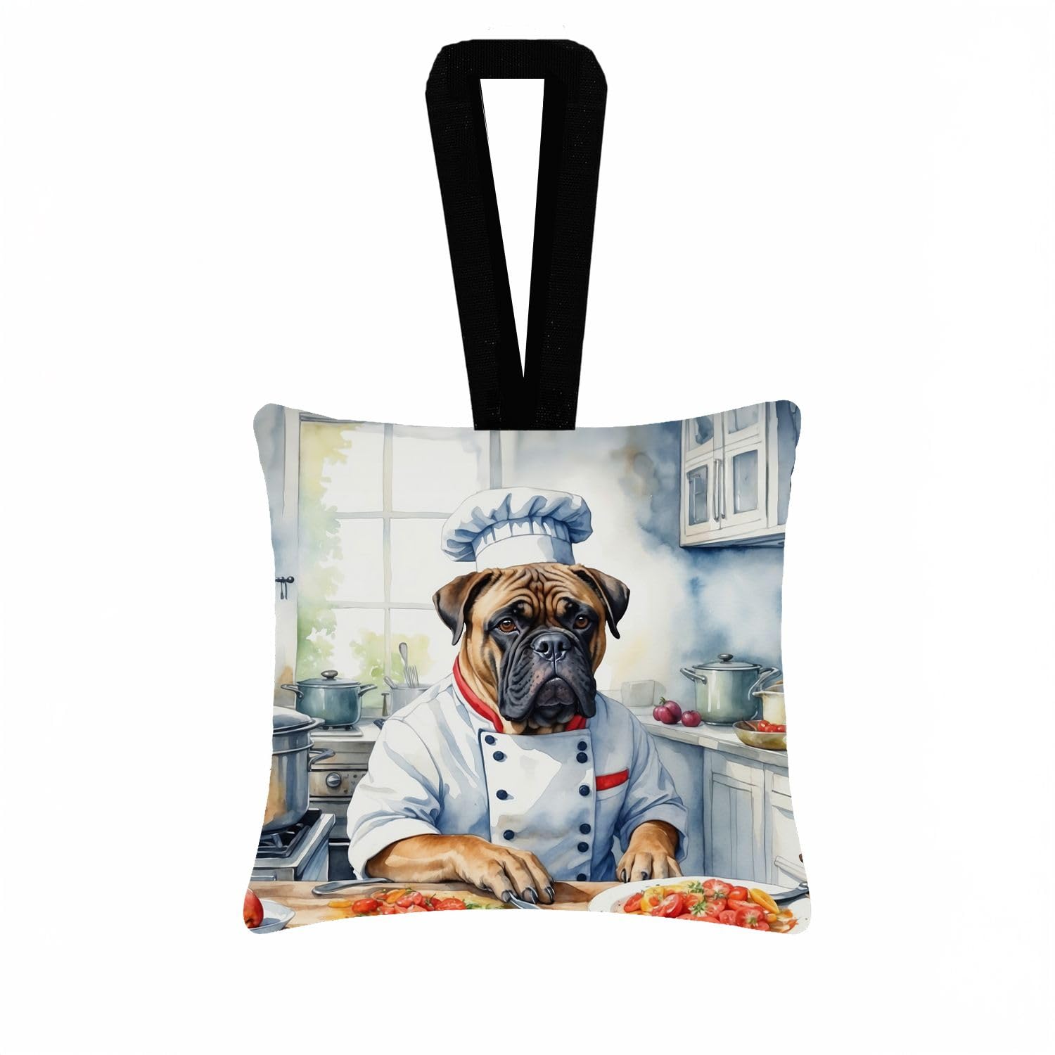 Carolines Treasures Bullmastiff The Chef Hanging Square Fabric Ornament 3.5  3.5 Decorative Door-Knob & Tree Hanger, Soft Fabric
