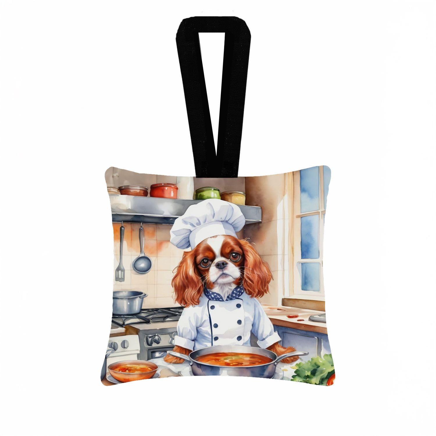 Carolines Treasures Cavalier Spaniel The Chef Hanging Square Fabric Ornament 3.5  3.5 Decorative Door-Knob & Tree Hanger, Soft Fabric