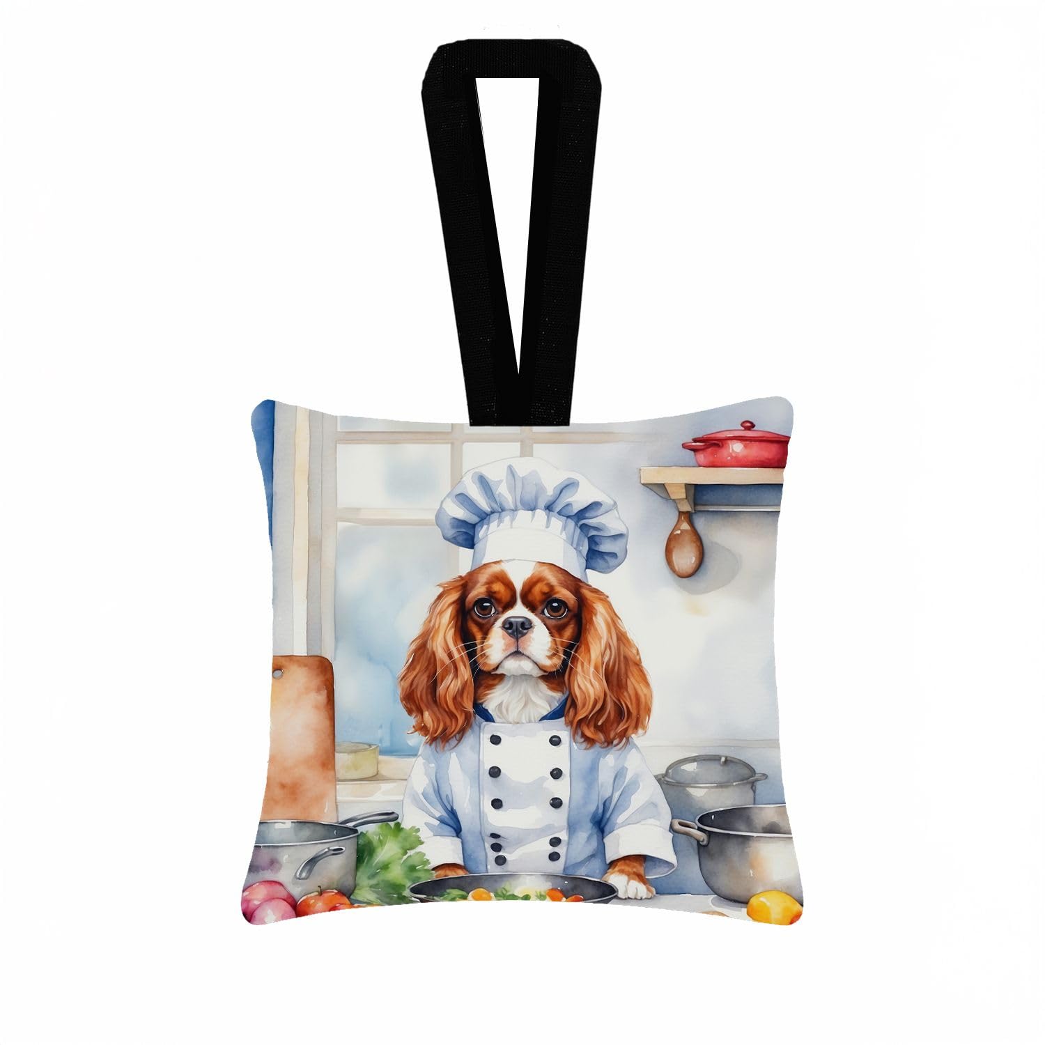 Carolines Treasures Cavalier Spaniel The Chef Hanging Square Fabric Ornament 3.5  3.5 Decorative Door-Knob & Tree Hanger, Soft Fabric