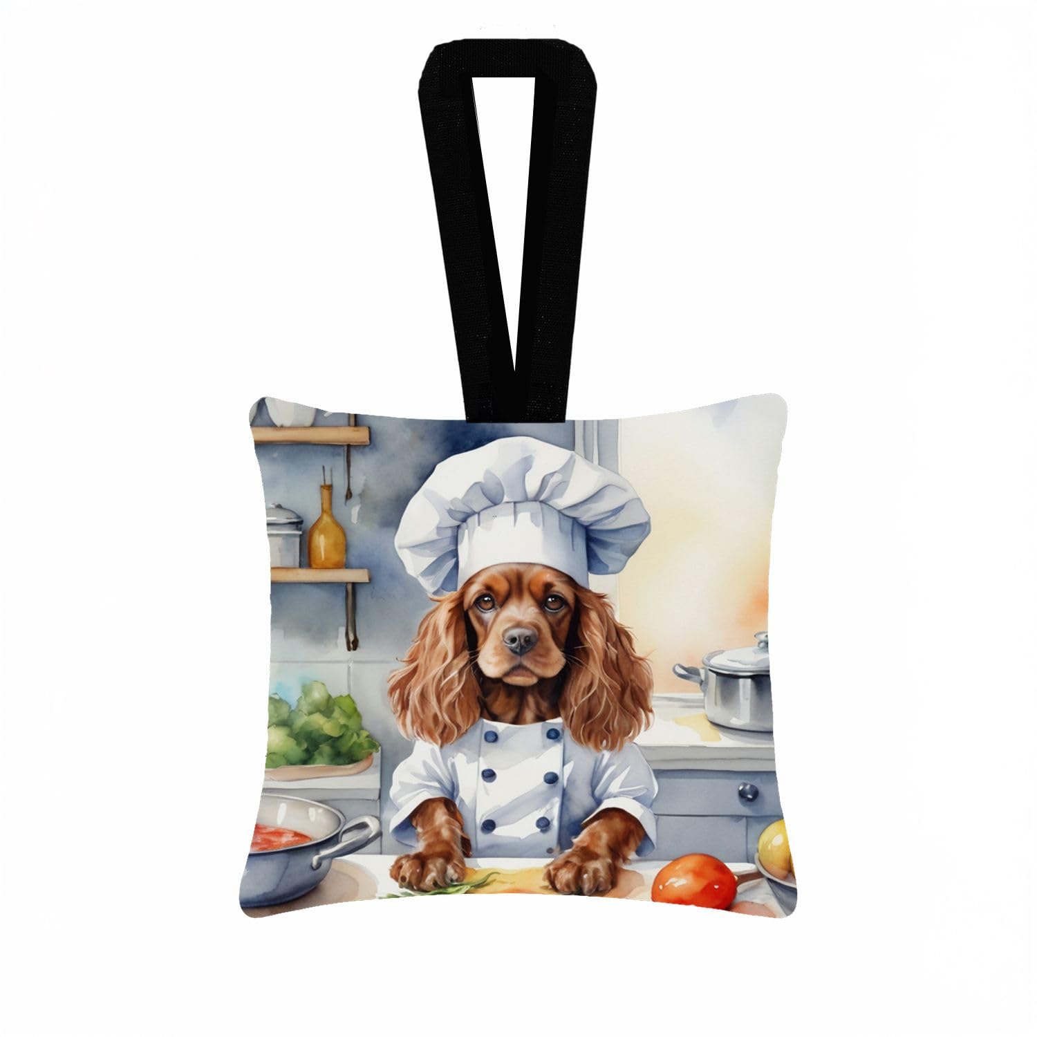 Carolines Treasures Cocker Spaniel The Chef Hanging Square Fabric Ornament 3.5  3.5 Decorative Door-Knob & Tree Hanger, Soft Fabric