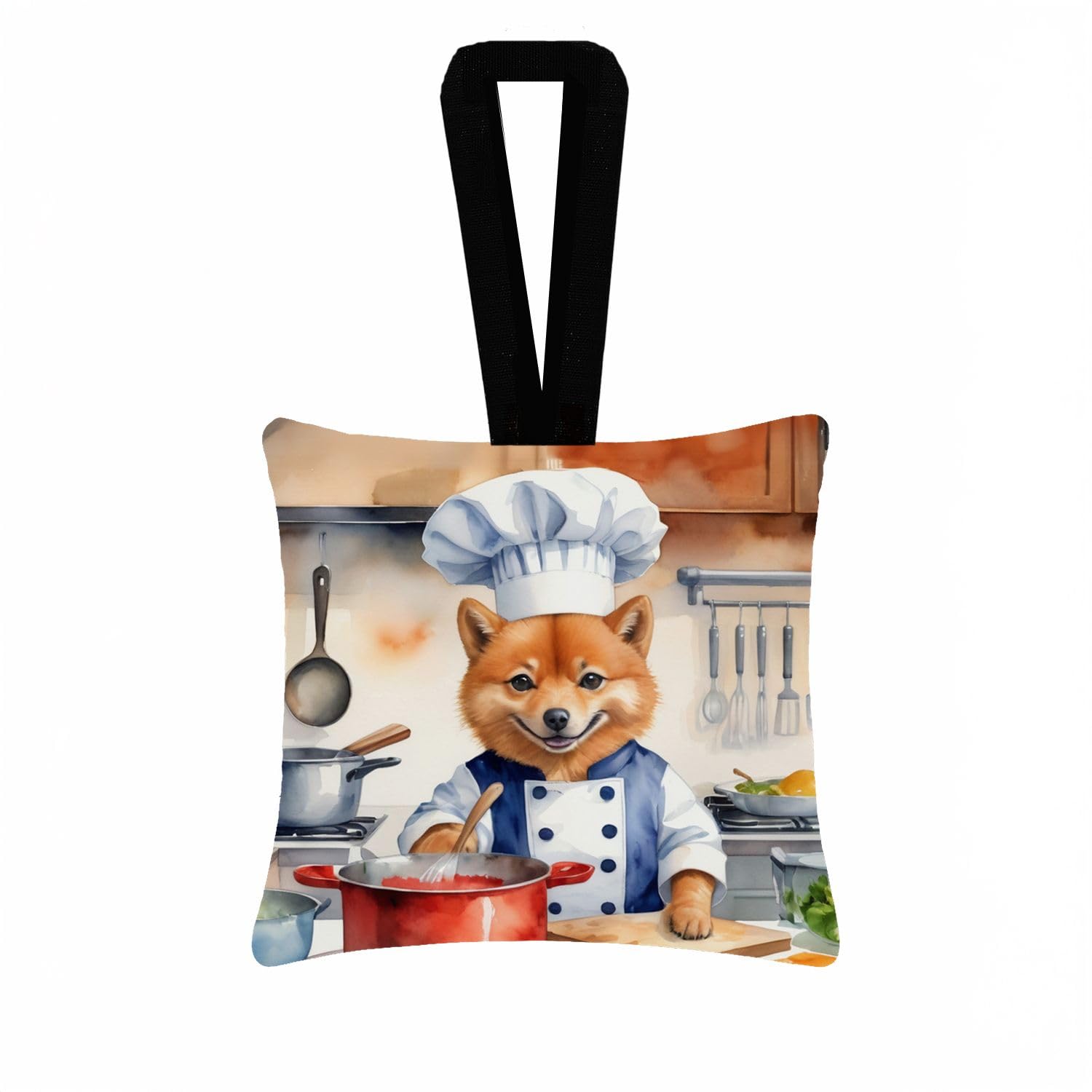 Carolines Treasures Finnish Spitz The Chef Hanging Square Fabric Ornament 3.5  3.5 Decorative Door-Knob & Tree Hanger, Soft Fabric