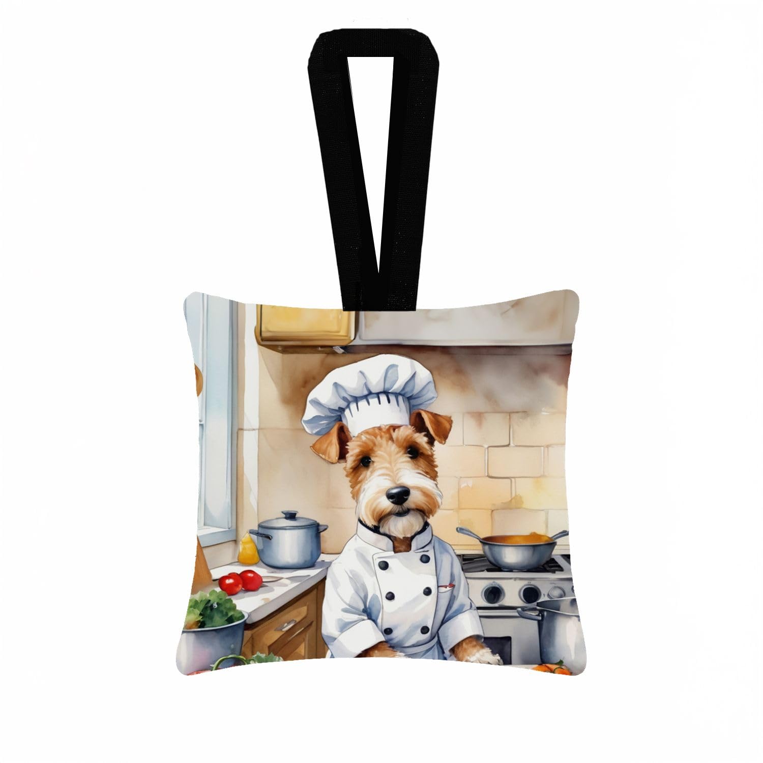 Carolines Treasures Fox Terrier The Chef Hanging Square Fabric Ornament 3.5  3.5 Decorative Door-Knob & Tree Hanger, Soft Fabric