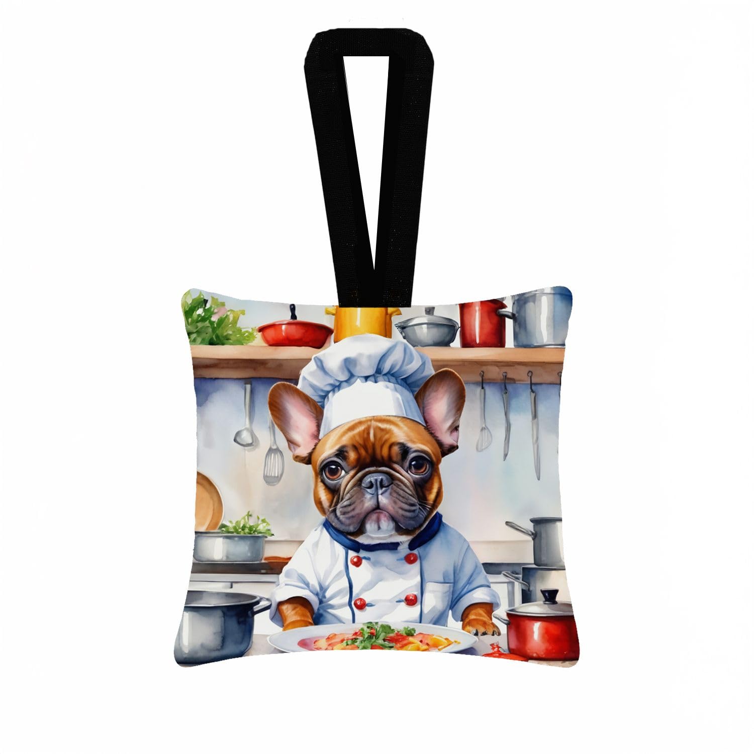 Carolines Treasures French Bulldog The Chef Hanging Square Fabric Ornament 3.5  3.5 Decorative Door-Knob & Tree Hanger, Soft Fabric