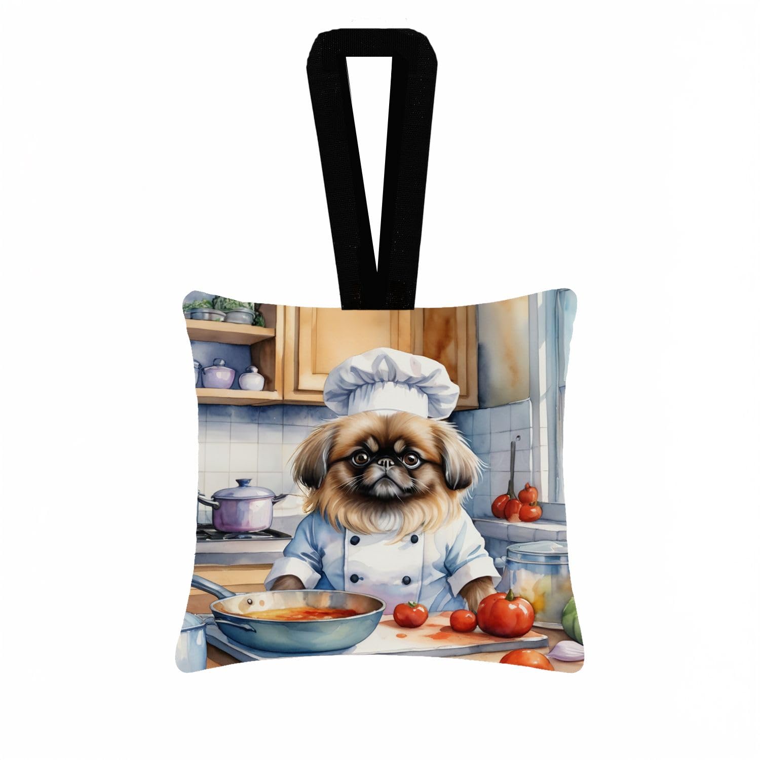 Carolines Treasures Pekingese The Chef Hanging Square Fabric Ornament 3.5  3.5 Decorative Door-Knob & Tree Hanger, Soft Fabric