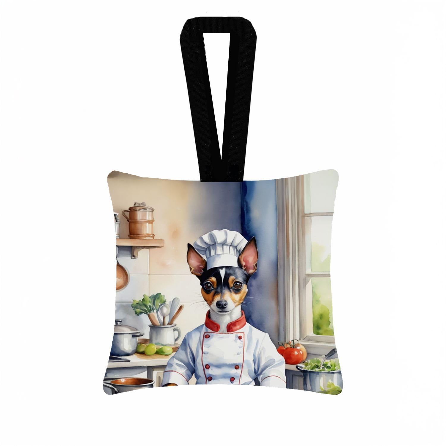 Carolines Treasures Rat Terrier The Chef Hanging Square Fabric Ornament 3.5  3.5 Decorative Door-Knob & Tree Hanger, Soft Fabric