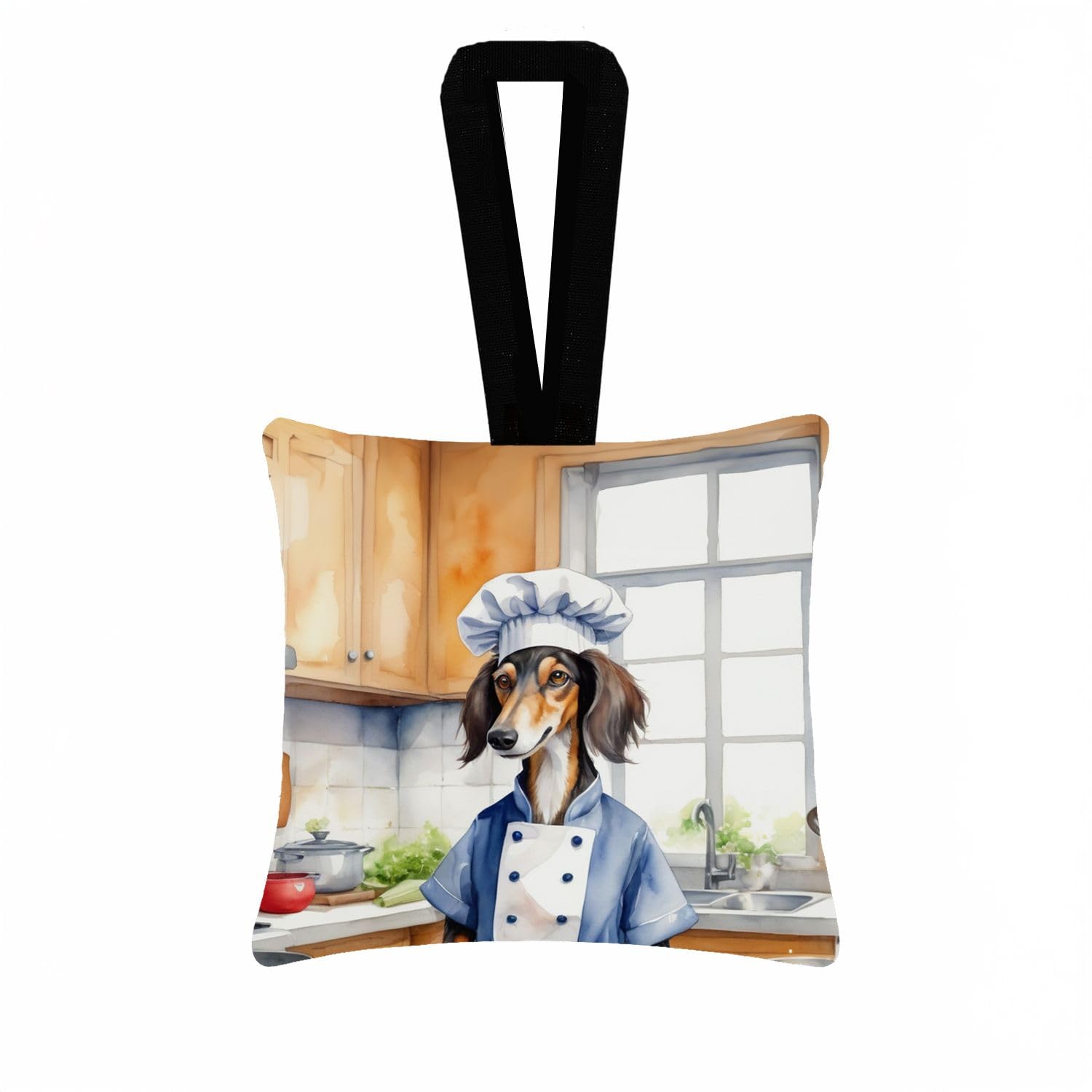 Carolines Treasures Saluki The Chef Hanging Square Fabric Ornament 3.5  3.5 Decorative Door-Knob & Tree Hanger, Soft Fabric