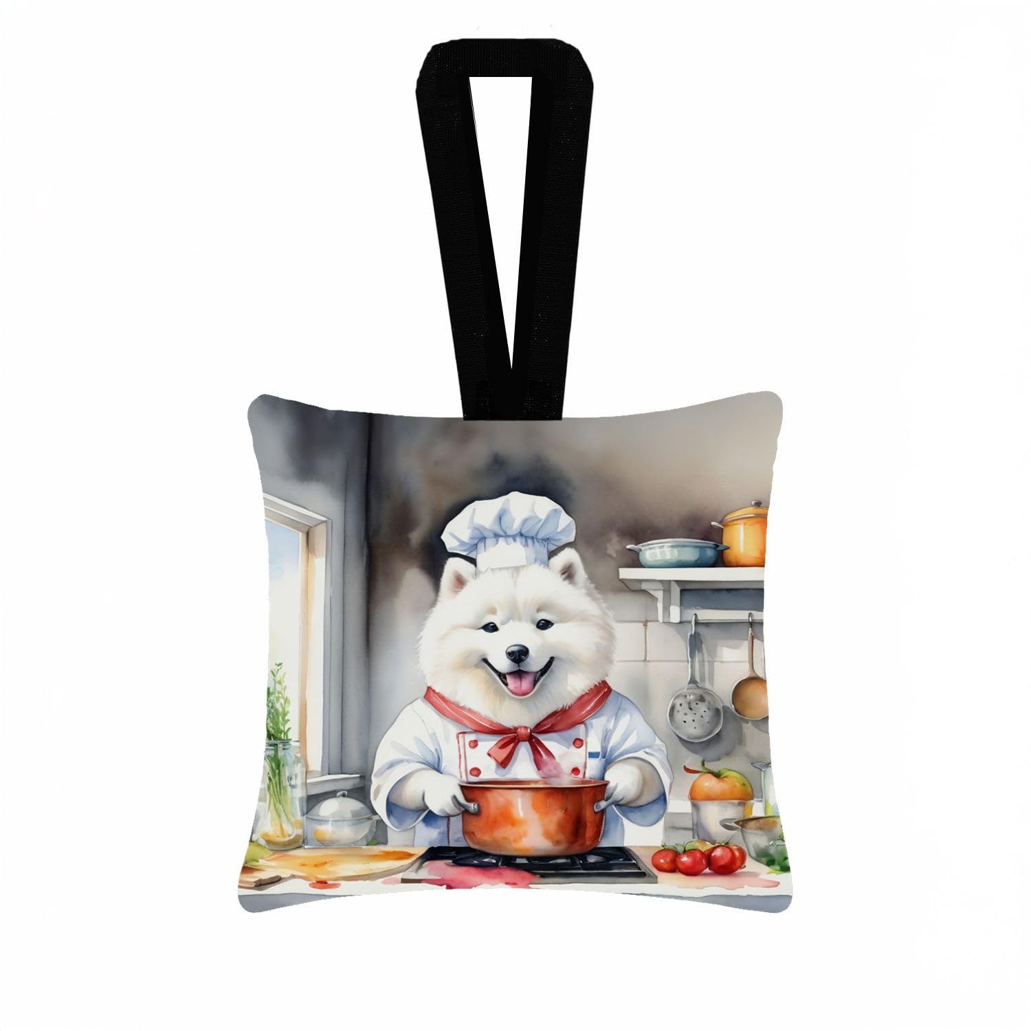 Carolines Treasures Samoyed The Chef Hanging Square Fabric Ornament 3.5  3.5 Decorative Door-Knob & Tree Hanger, Soft Fabric