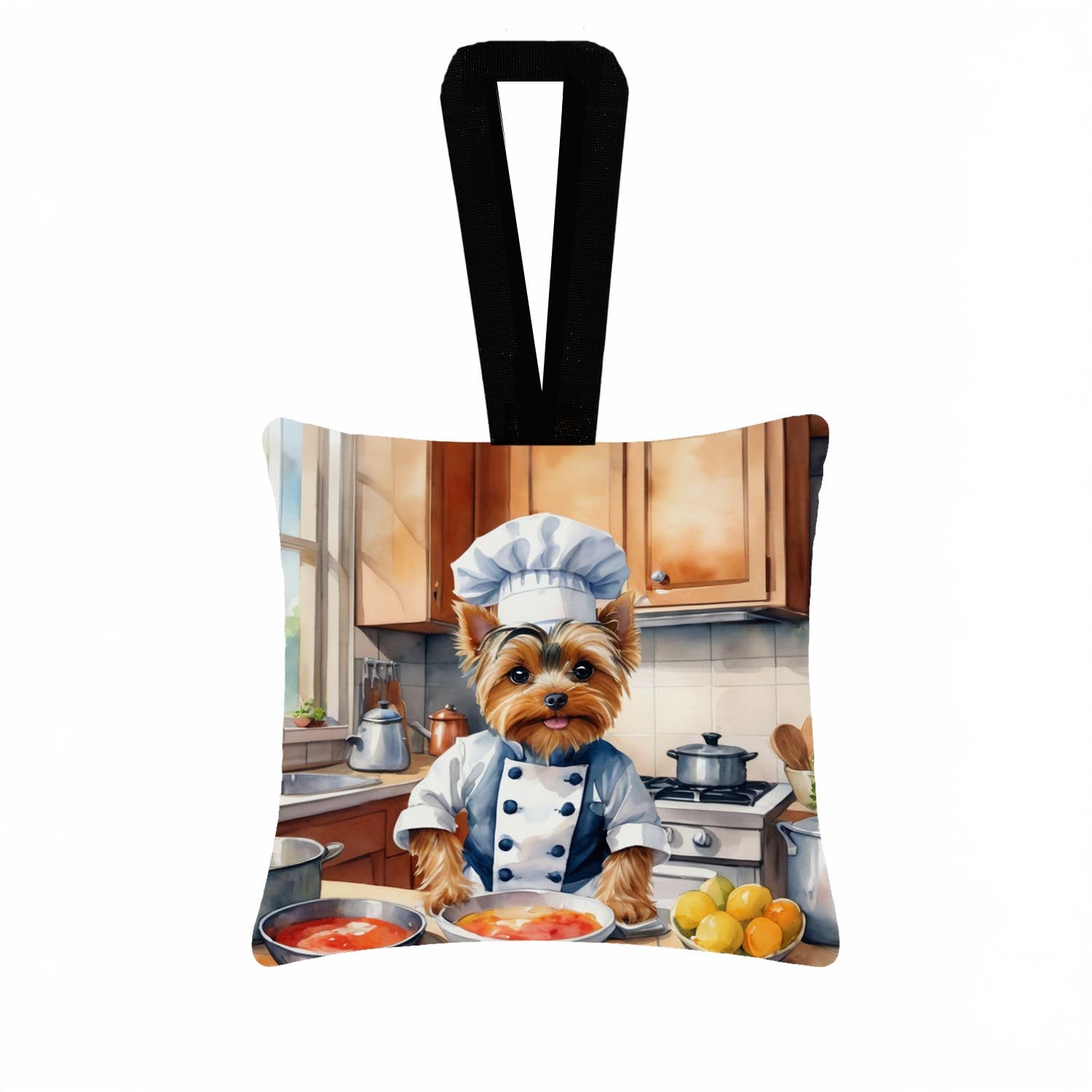 Carolines Treasures Yorkie Yorkshire Terrier The Chef Hanging Square Fabric Ornament 3.5  3.5 Decorative Door-Knob & Tree Hanger, Soft Fabric