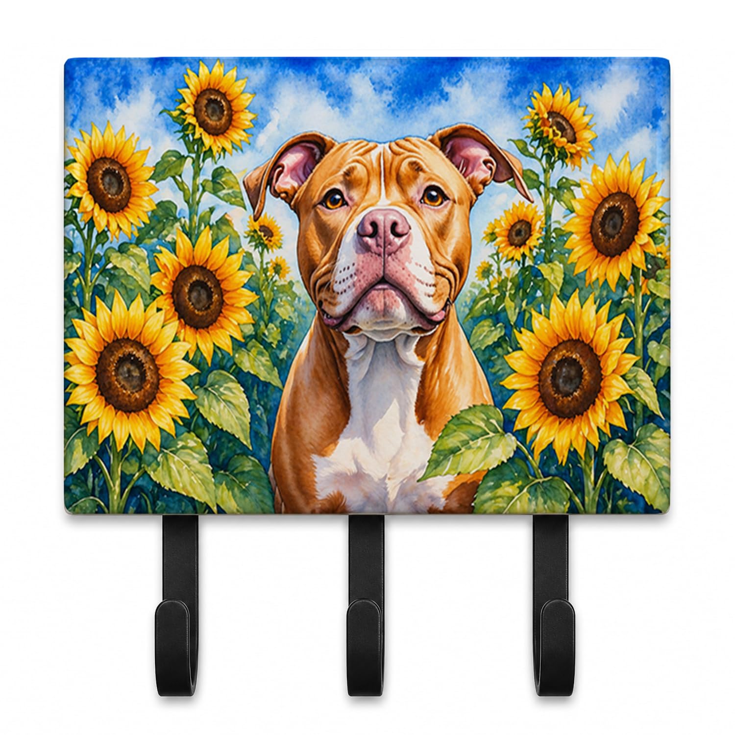 Caroline's Treasures Pit Bull Terrier in Sunflowers Leash or Key Holder Wall Hooks, Coat Rack Wall Mount, for Hanging Keys, Towels, Aprons, Leashes