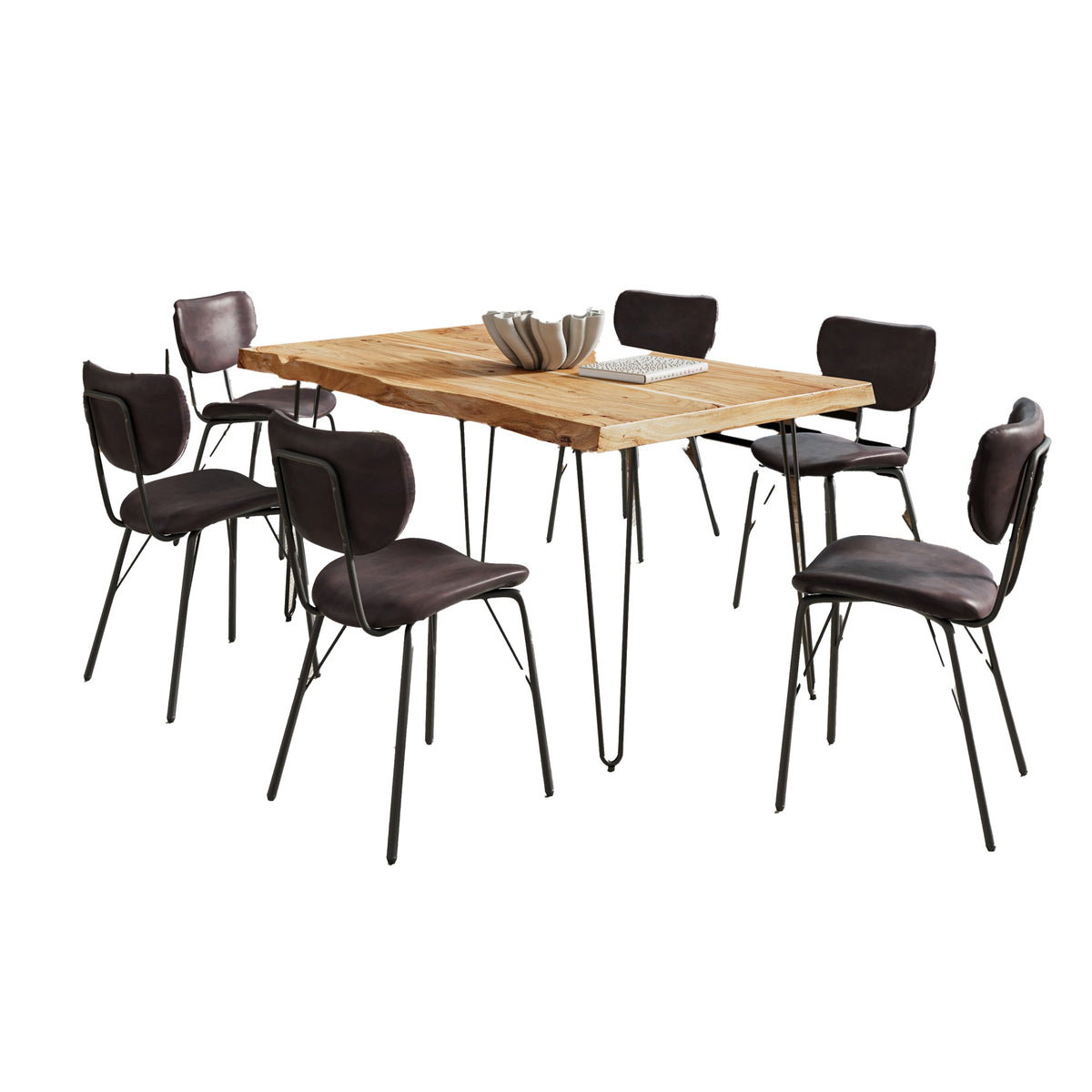 Nature'S Edge 60' Seven Piece Modern Dining Set With Upholstered Contemporary Chairs - Natural And Dark Brown