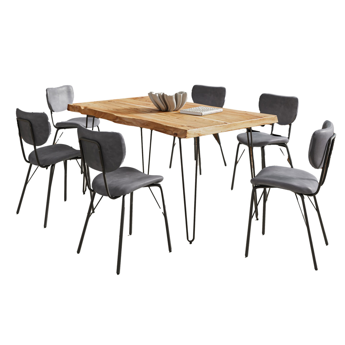 Nature'S Edge 60' Seven Piece Modern Dining Set With Upholstered Contemporary Chairs - Natural And Grey