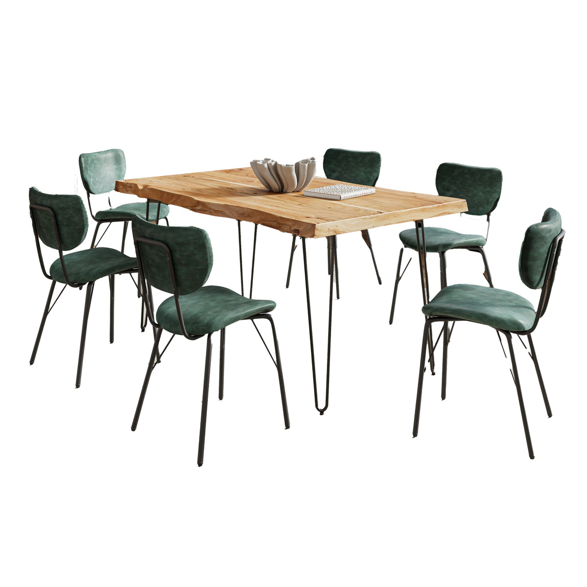 Nature'S Edge 60' Seven Piece Modern Dining Set With Upholstered Contemporary Chairs - Natural And Jade