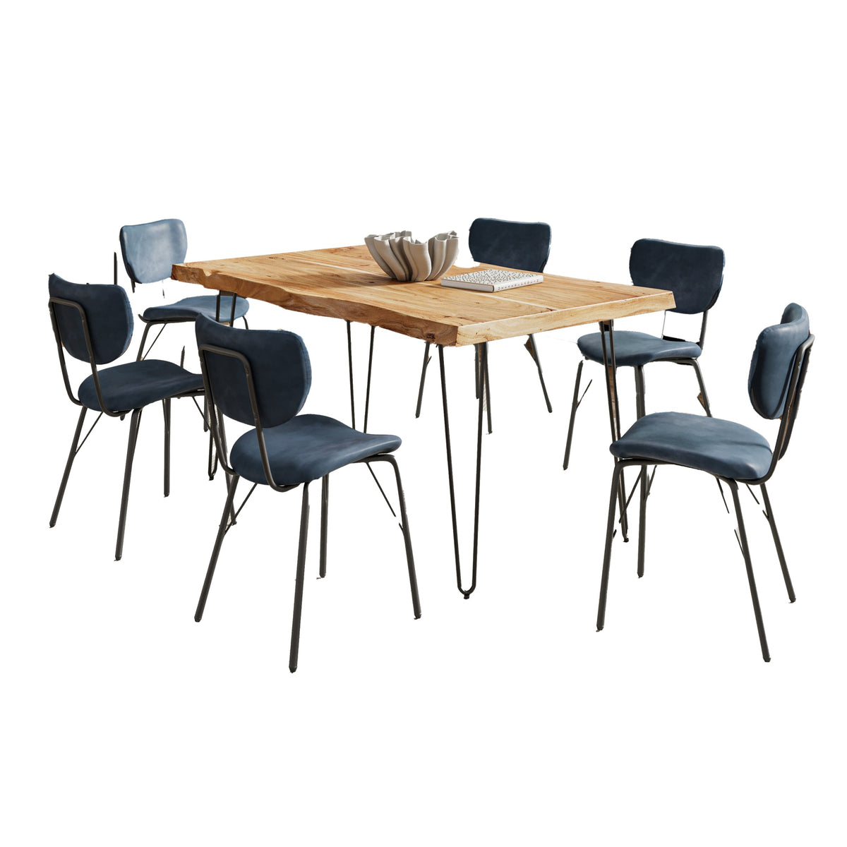 Nature'S Edge 60' Seven Piece Modern Dining Set With Upholstered Contemporary Chairs - Natural And Slate Blue