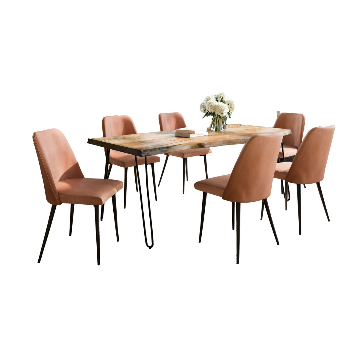 Nature'S Edge Seven Piece Solid Acacia Dining Set With Upholstered Mid-Century Modern Chairs