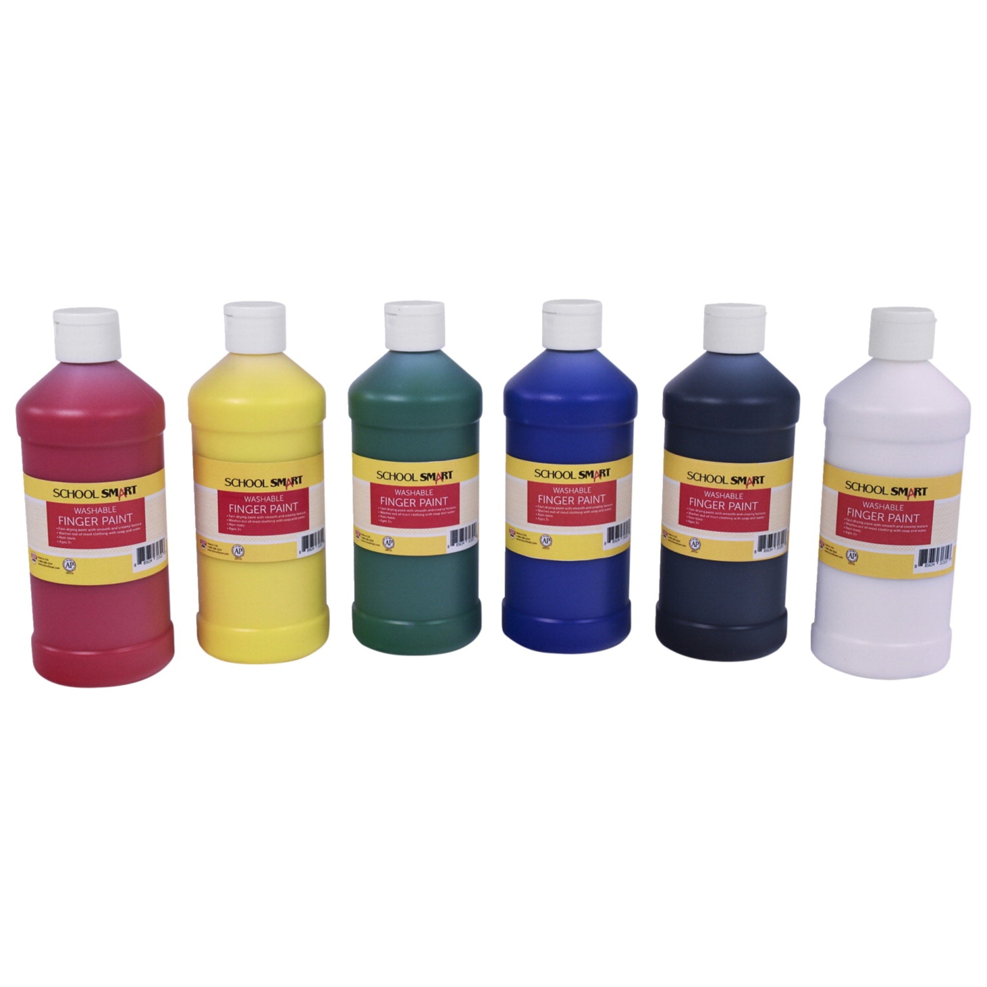School Smart Washable Finger Paints, Assorted Primary Colors, Pint Set Of 6