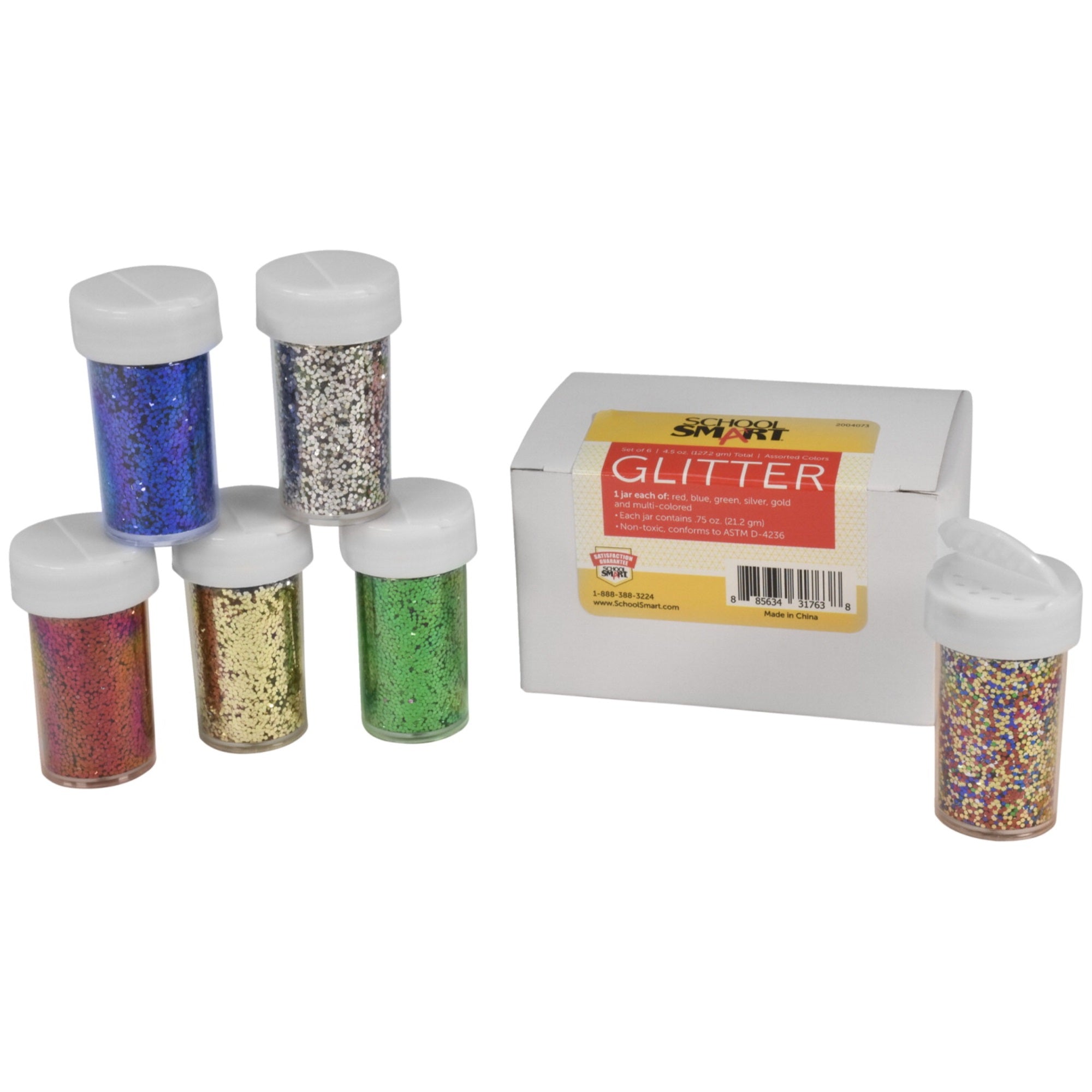 School Smart Craft Glitter, 3/4 Ounces, Assorted Colors, Set Of 6