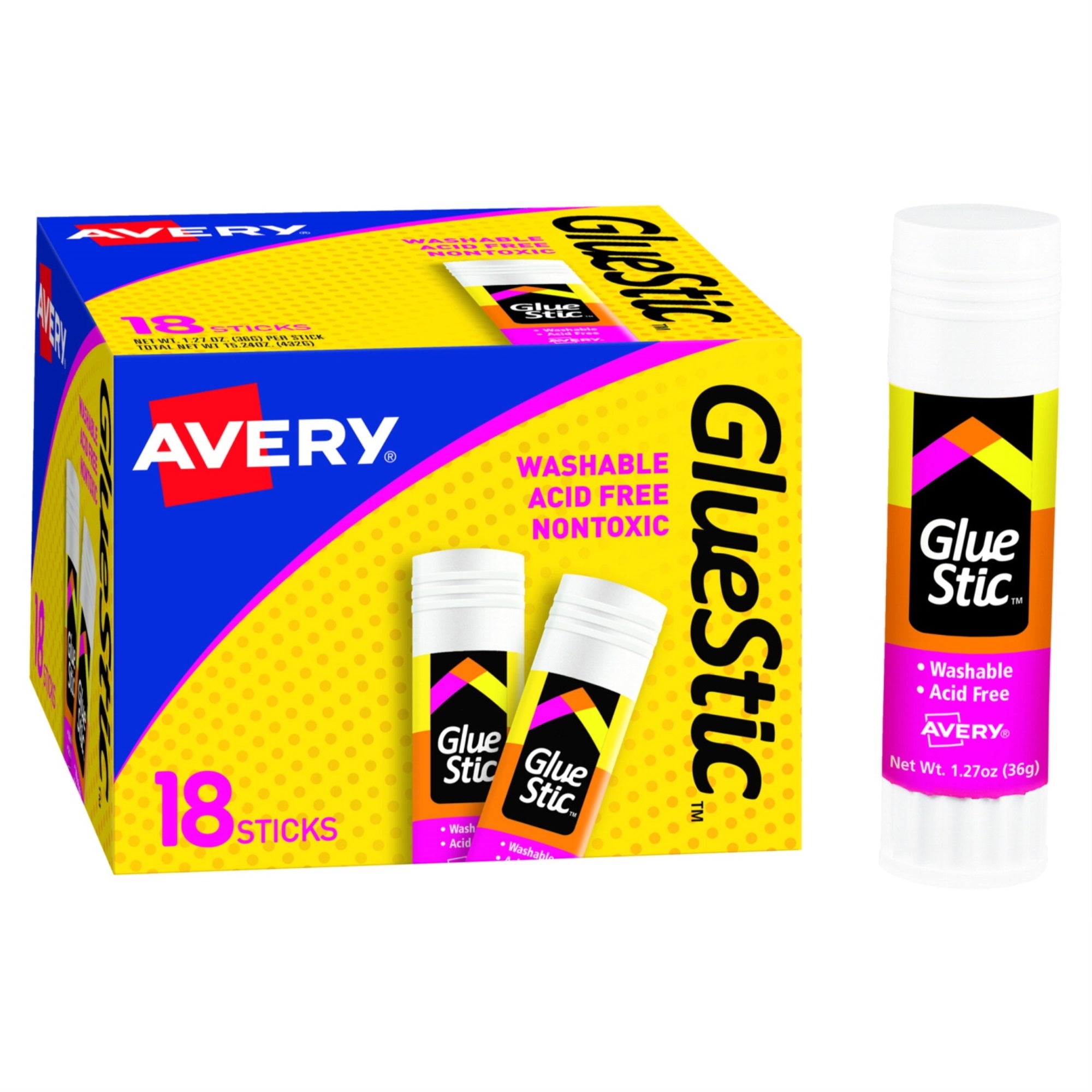 Avery Permanent Glue Stic, 1.27 Ounces, Clear, Pack Of 18