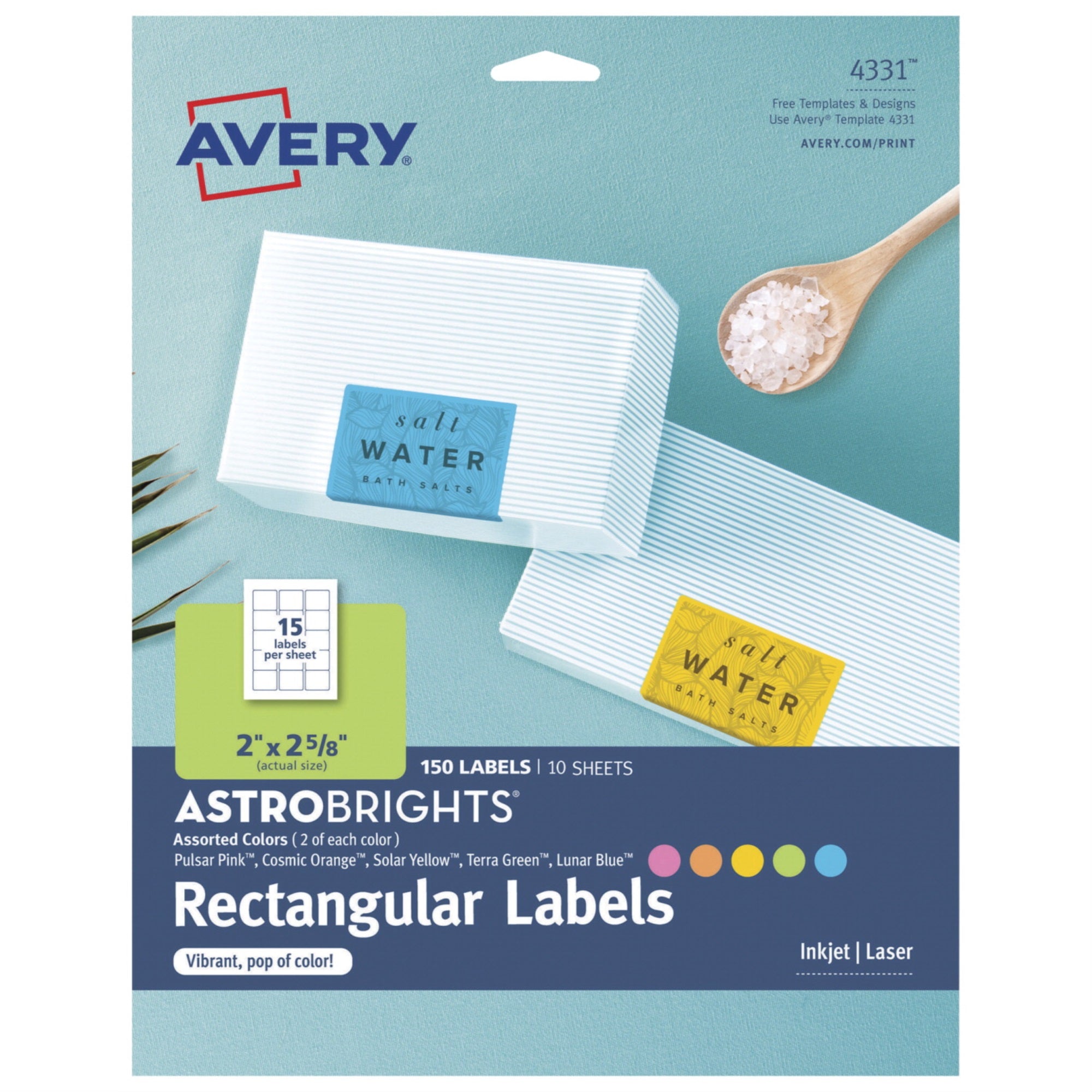 Avery 4331 Astrobrights Color Labels, 2 X 2-5/8 Inch Rectangle, Assorted, 150 Labels