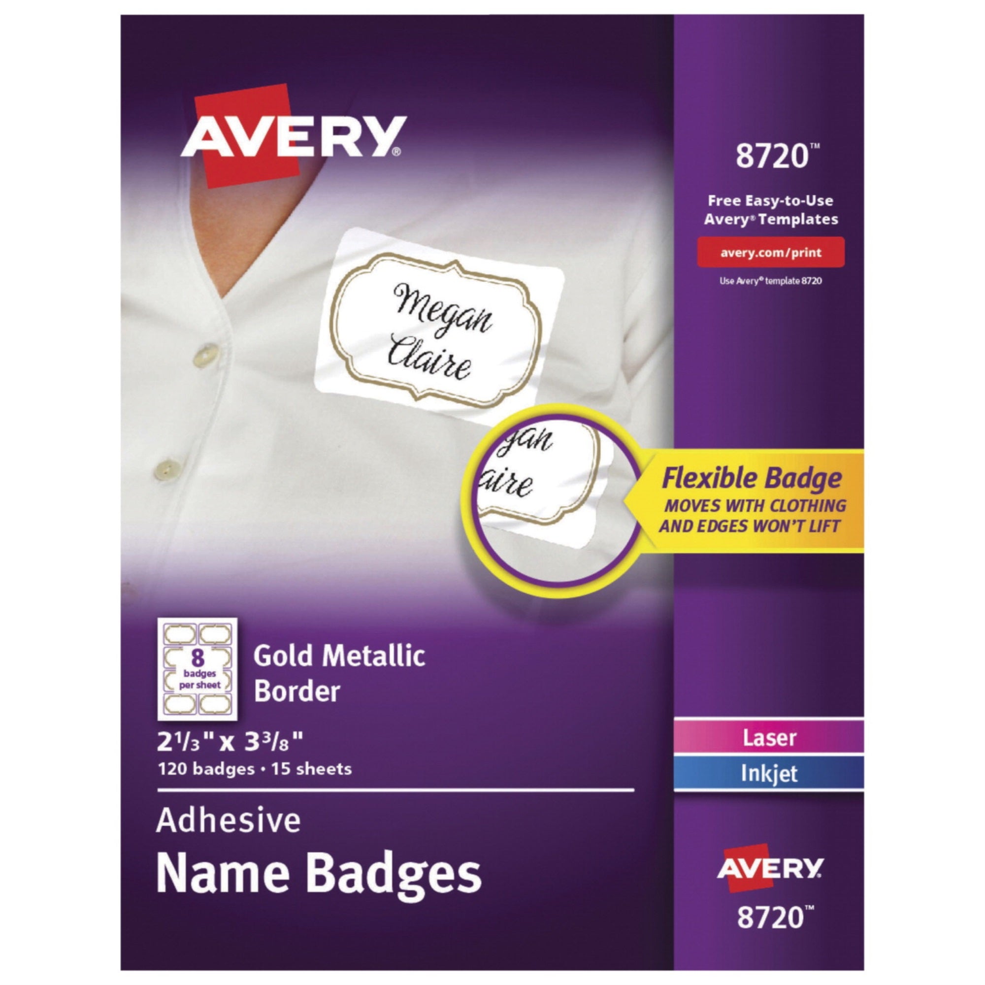 Avery 8720 Adhesive Name Badges, 2-1/3 X 3-3/8 Inches, Gold Metallic Border, Pack Of 120