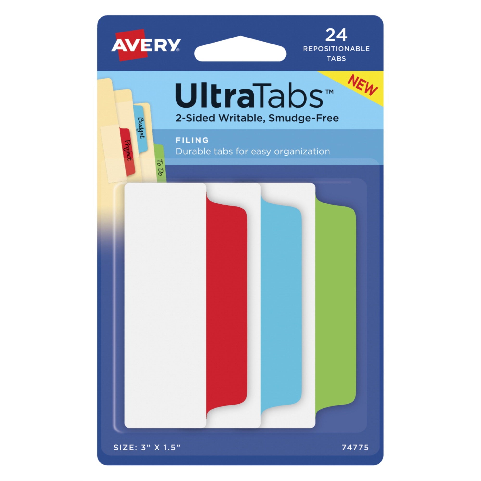 Avery 74775 Repositionable Ultratabs, 3 X 1-1/2 Inches, Assorted Colors, Pack Of 24