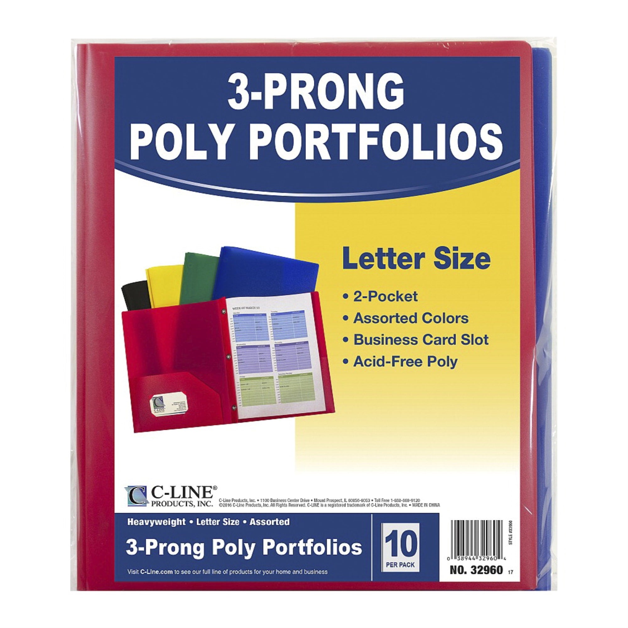 C-Line Two-Pocket Folders With Prongs, Letter, Assorted Colors, Pack Of 10