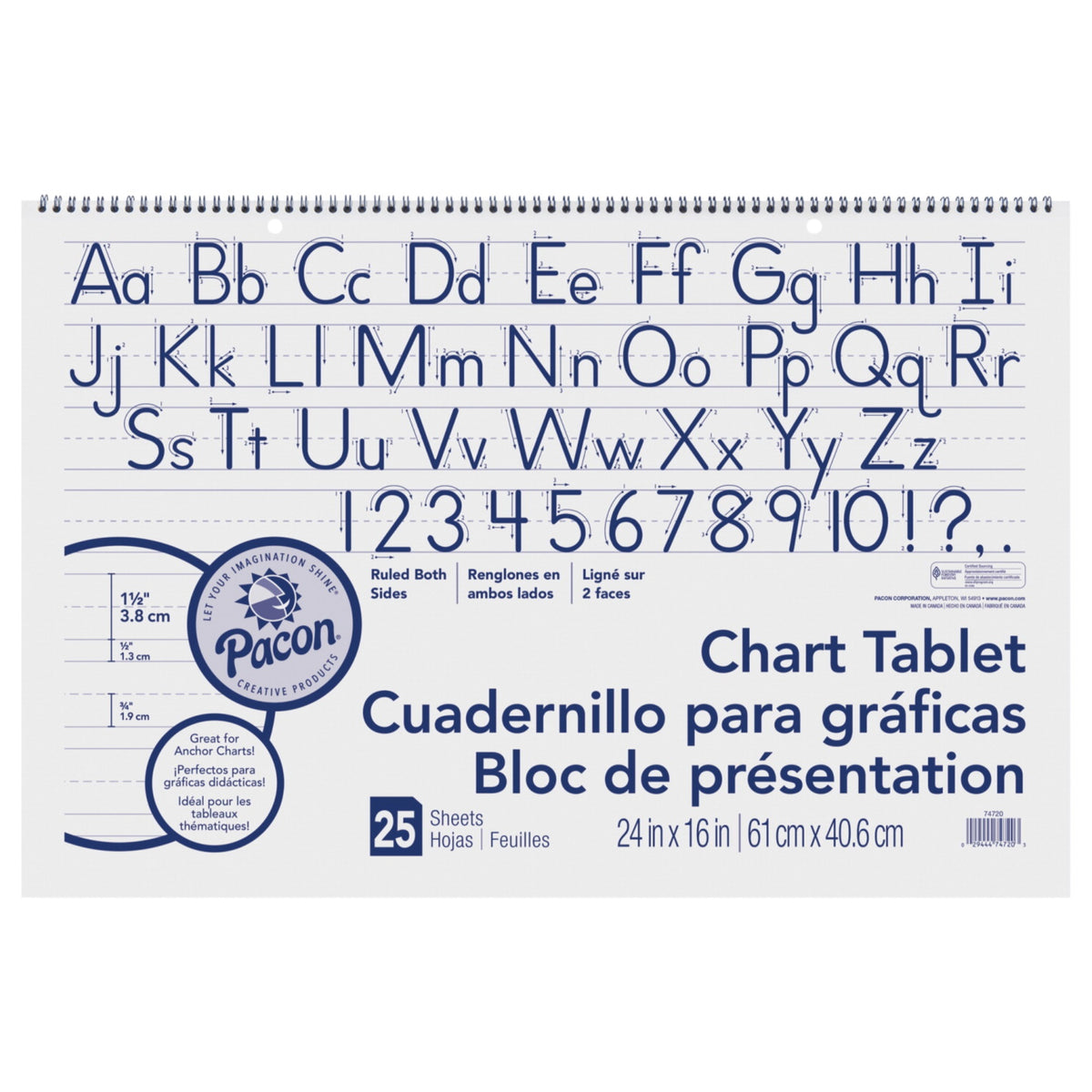 Pacon Manuscript Chart Tablet, 24 X 16 Inches, 1-1/2 Inch Ruled Long Way, 25 Sheets