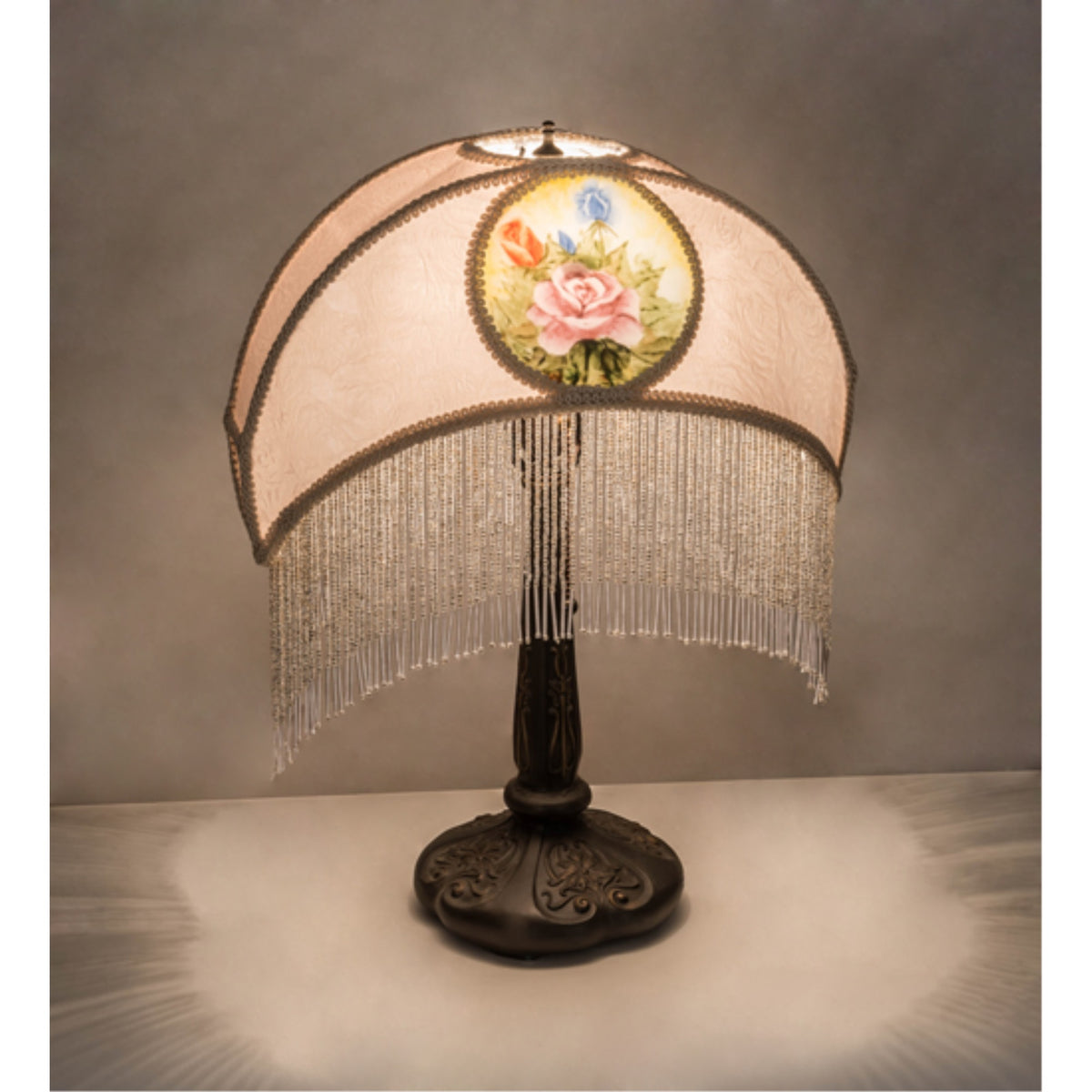 21' High Reverse Painted Roses Fabric With Fringe Table Lamp