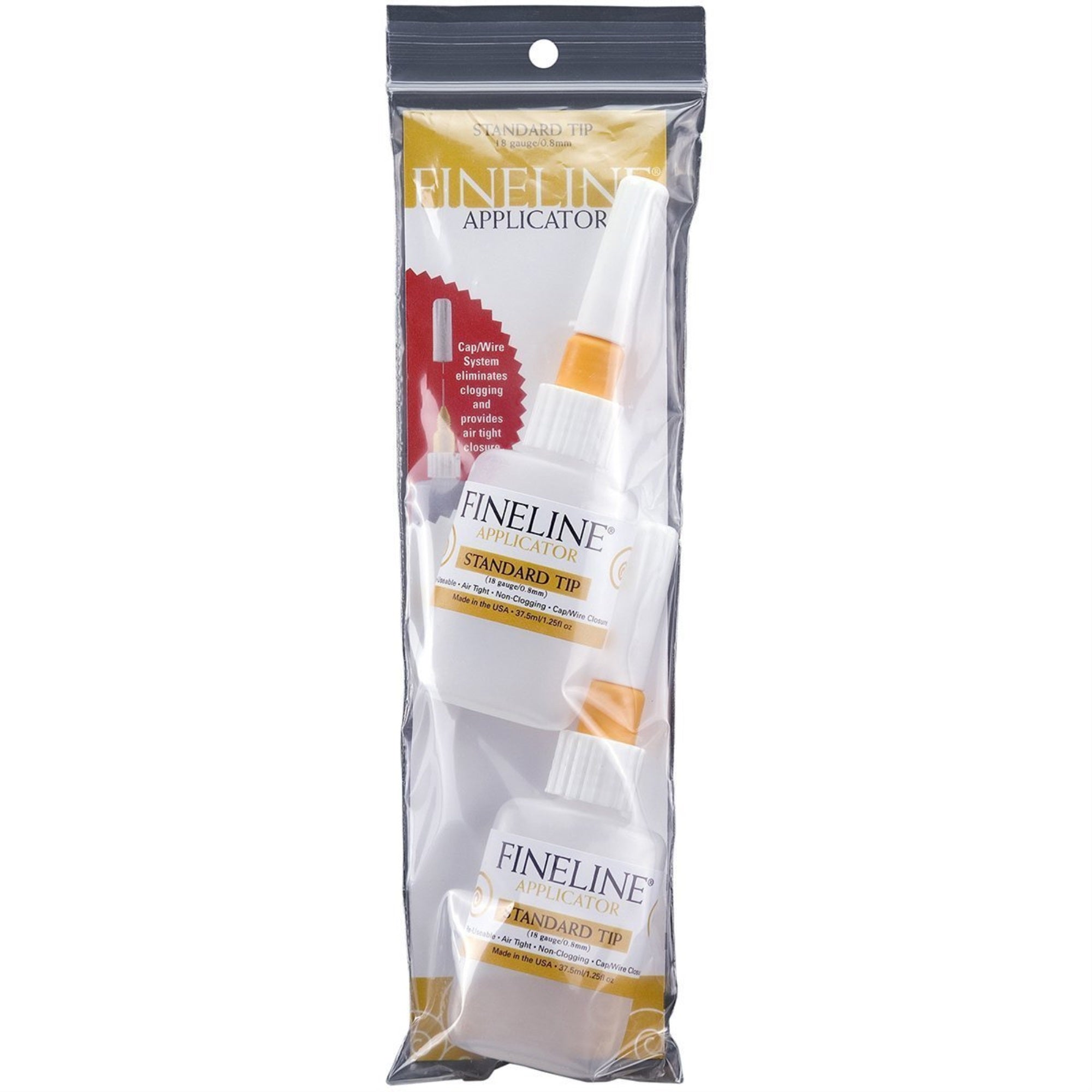 Fineline Applicator Two Pack. 18g Tip  with 1.25 oz Bottles.  Packaged in Hanging Zip Lock Poly Bag with Color Insert.
