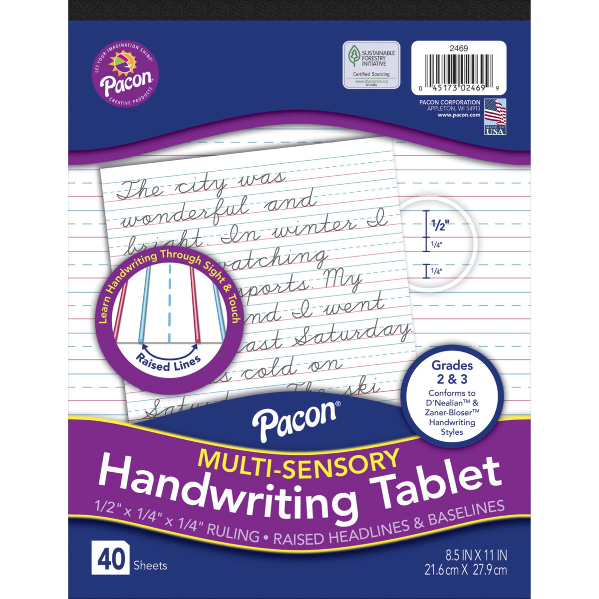 Pacon Multi-Sensory Raised Ruled Tablet, 8-1/2 X 11 Inches, Short Ruled, 40 Sheets