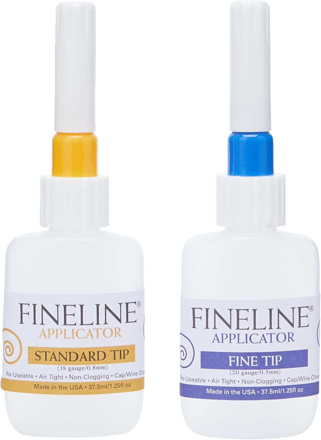 Fineline Applicator Two Pack. 18g Tip and20g Tip with 1.25 oz Bottles.  Packaged in Hanging Zip Lock Poly Bag with Color Insert.