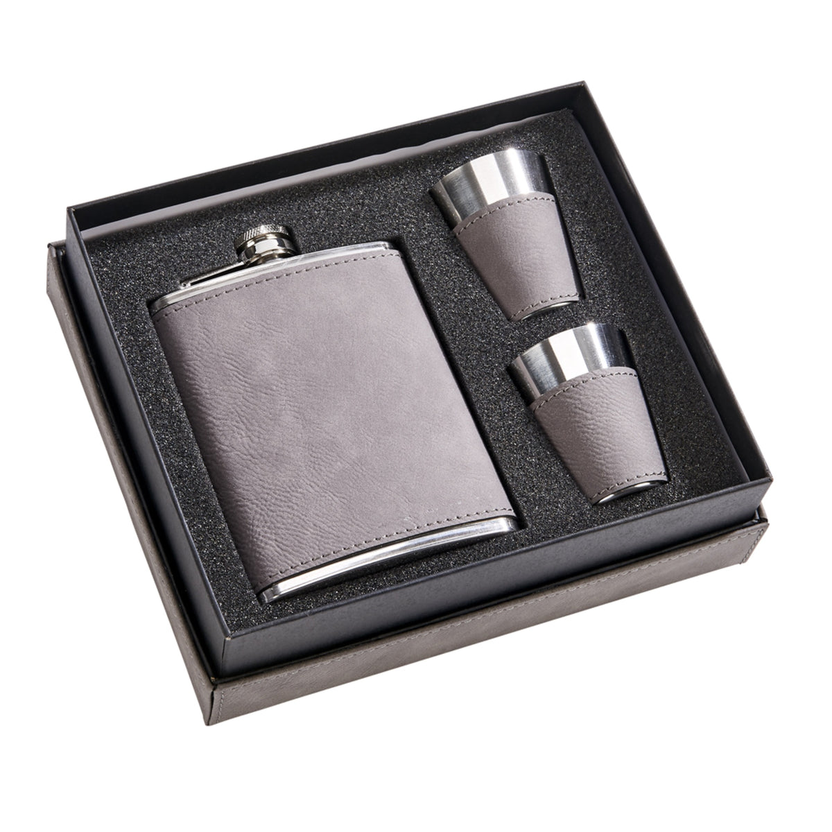 Leatherette Box/8 Oz Flask/2 Cups Grey