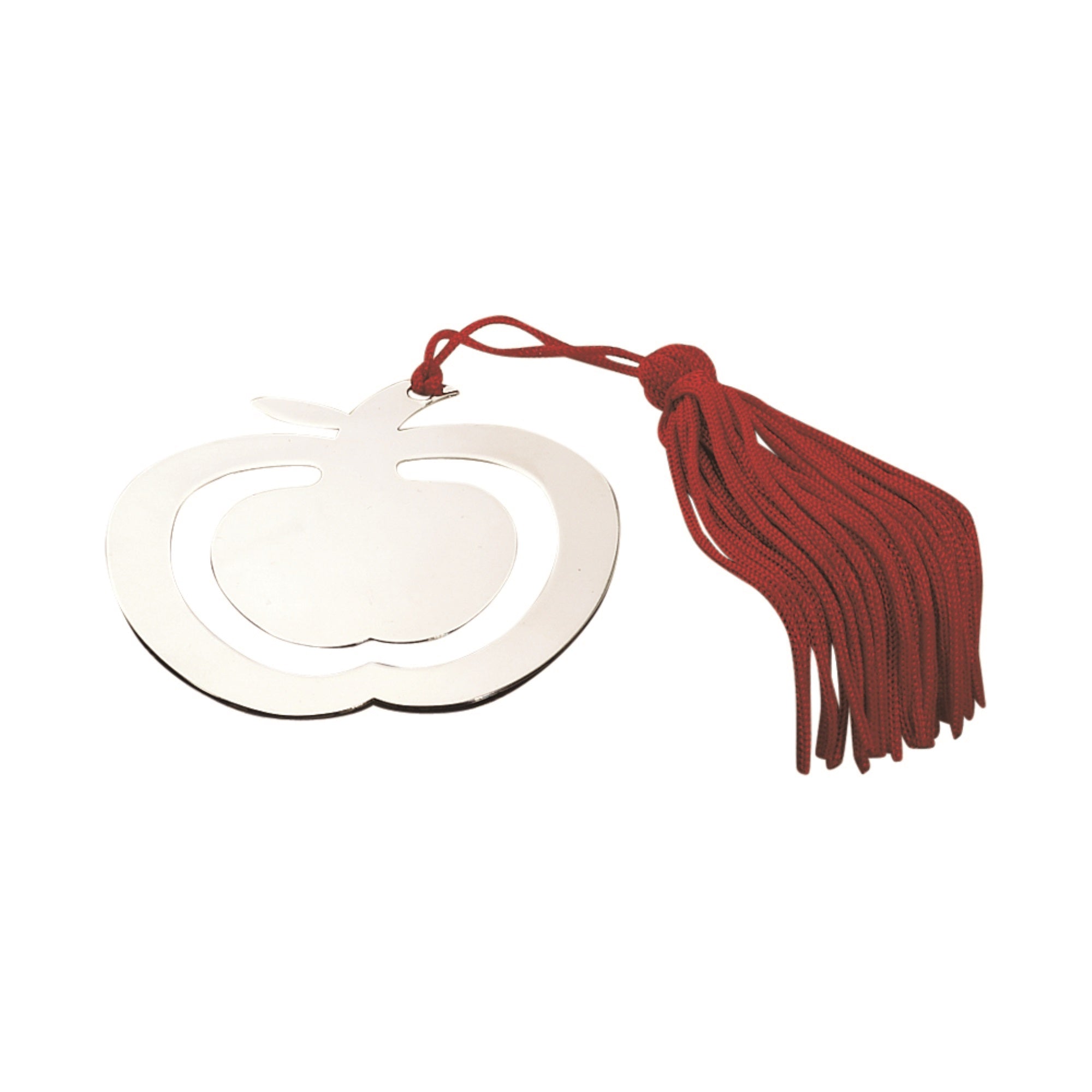 Apple Bookmark With Red Tassel, Nickel Plated, 2.875'